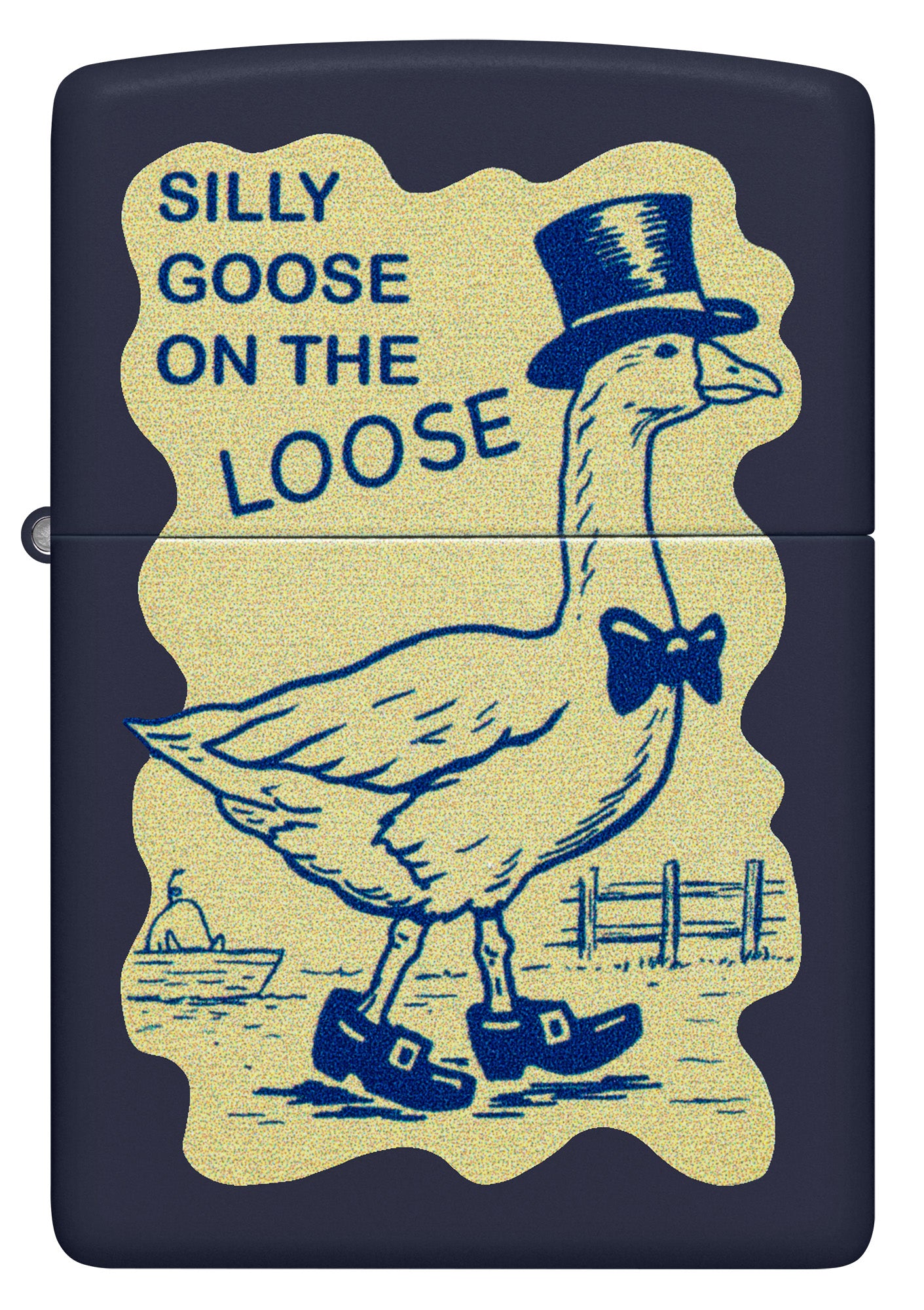 Front view of Zippo Silly Goose Design Navy Blue Matte Windproof Lighter.