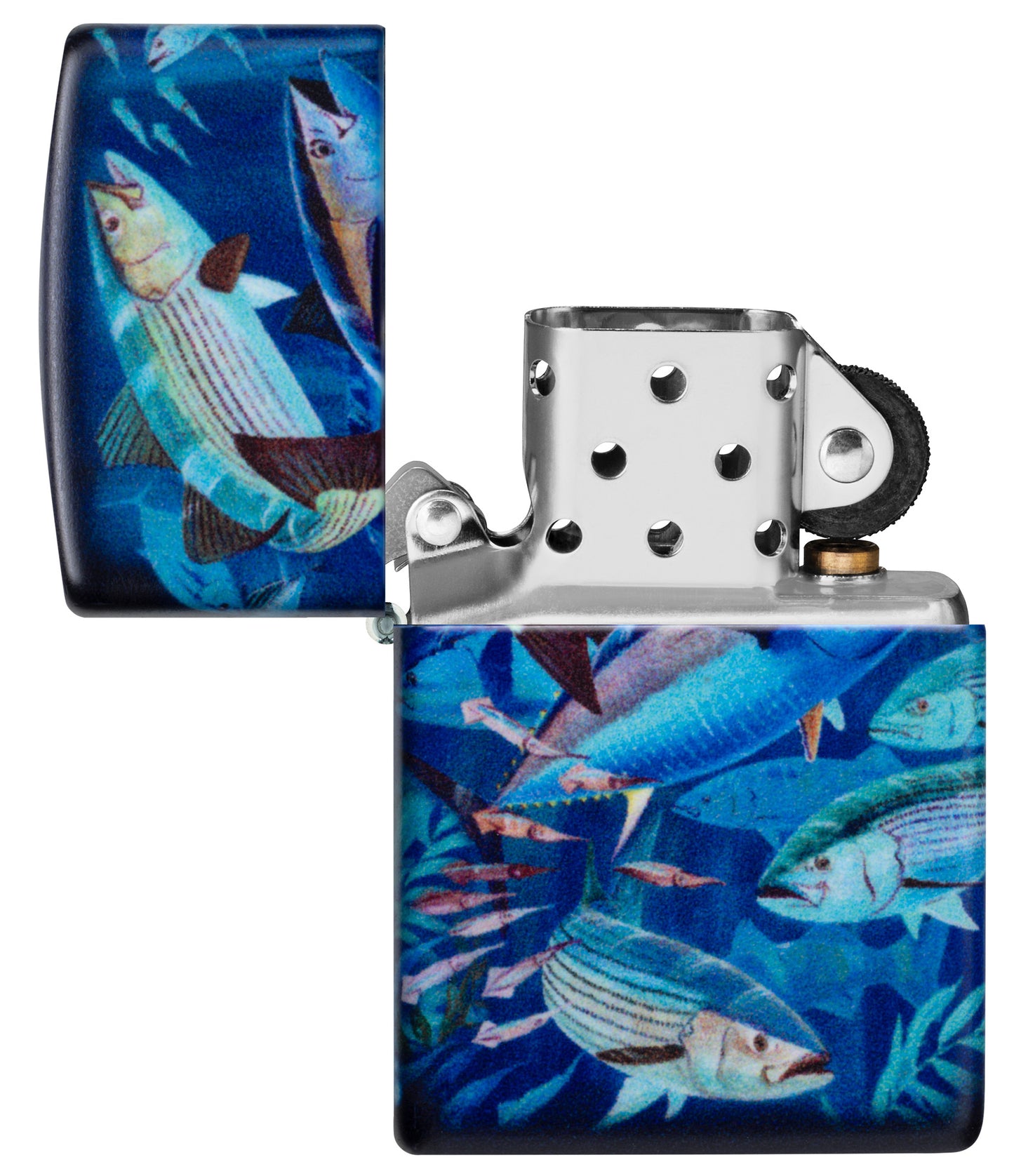 Zippo Guy Harvey School of Fish Design White 540 Matte Windproof Lighter with its lid open and unlit.