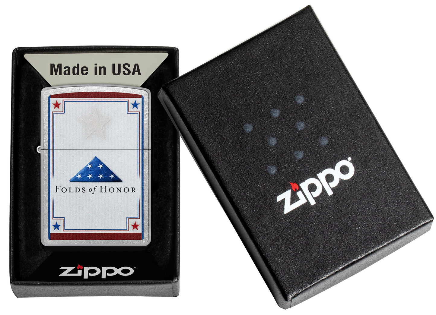 Zippo Folds of Honor Logo Design Street Chrome Pocket Lighter in its packaging.