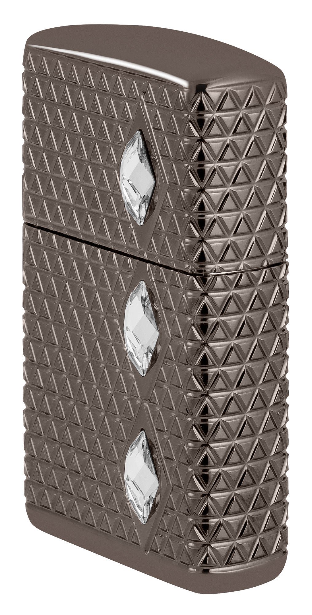 Angled shot of Zippo Diamond Pattern Design Armor® Black Ice® Windproof Lighter showing the front and right side of the lighter.