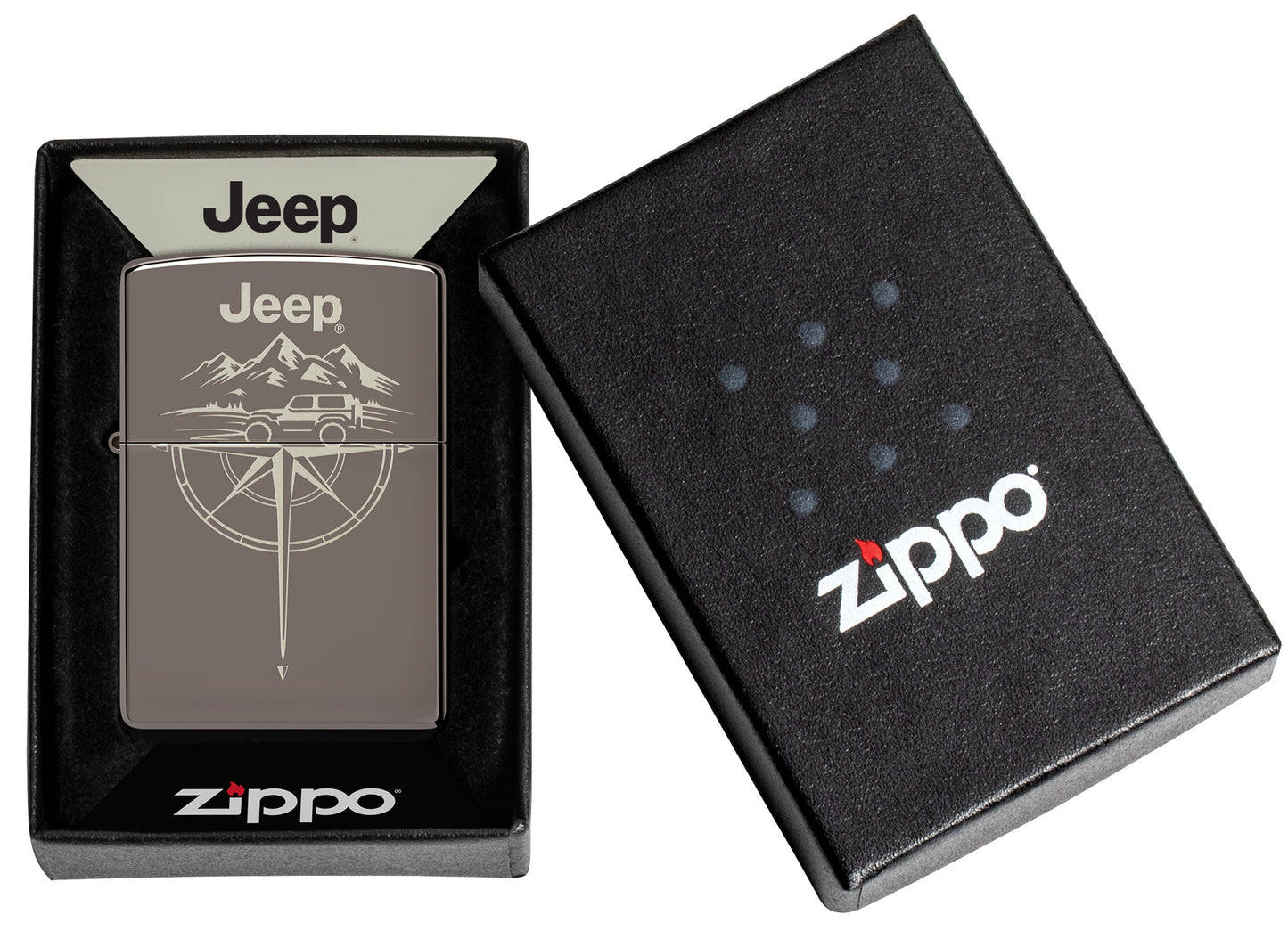 Zippo Jeep® Wilderness Design Black Ice Windproof Lighter in its packaging.
