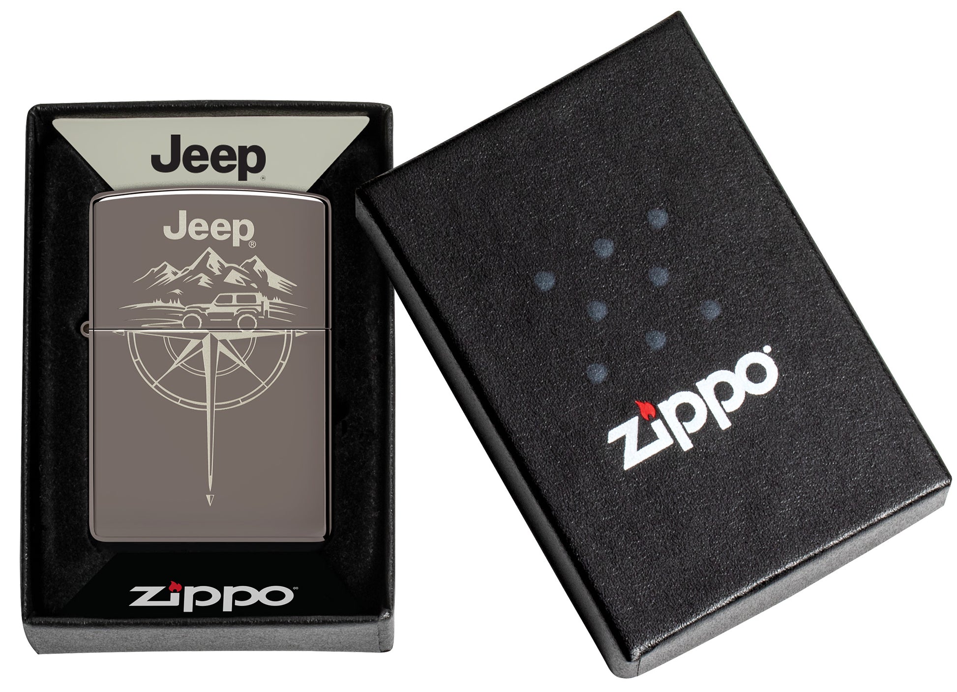 Zippo Jeep® Wilderness Design Black Ice Windproof Lighter in its packaging.
