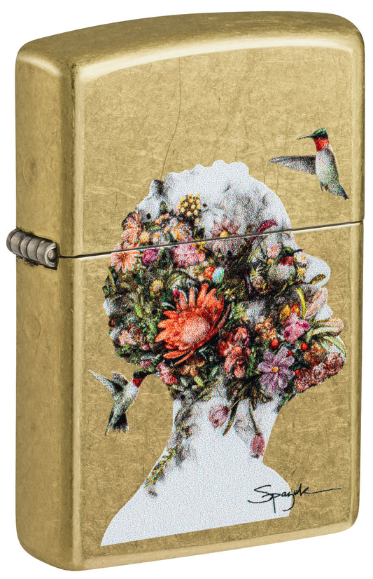 Front shot of Zippo Spazuk Hummingbirds Design Street Brass Windproof Lighter standing at a 3/4 angle.