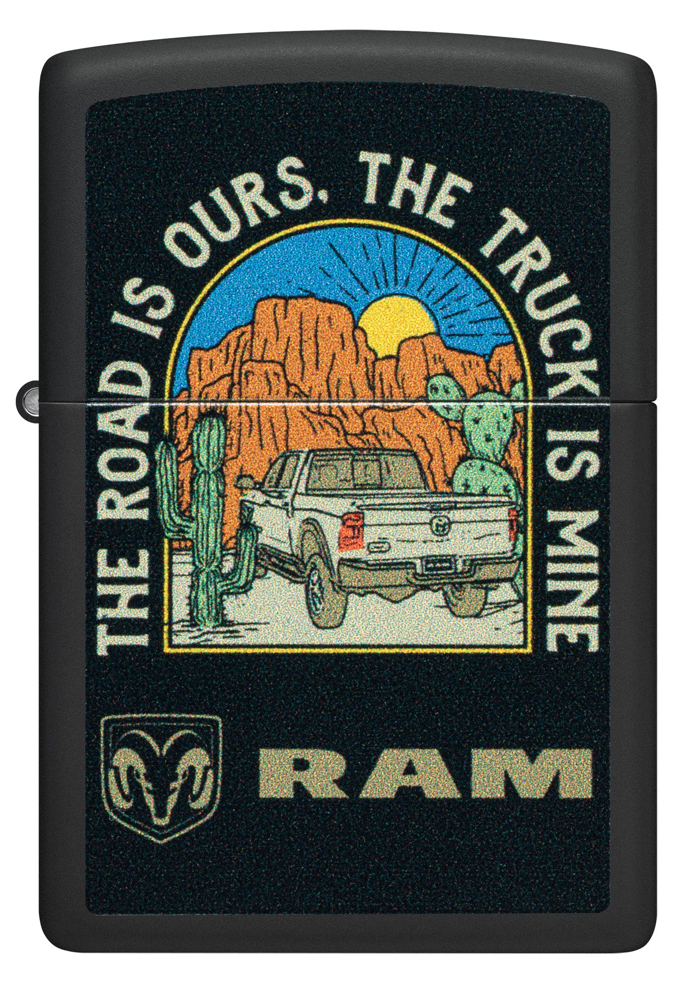Front view of Zippo Ram The Truck is Mine Design Black Matte Windproof Lighter.