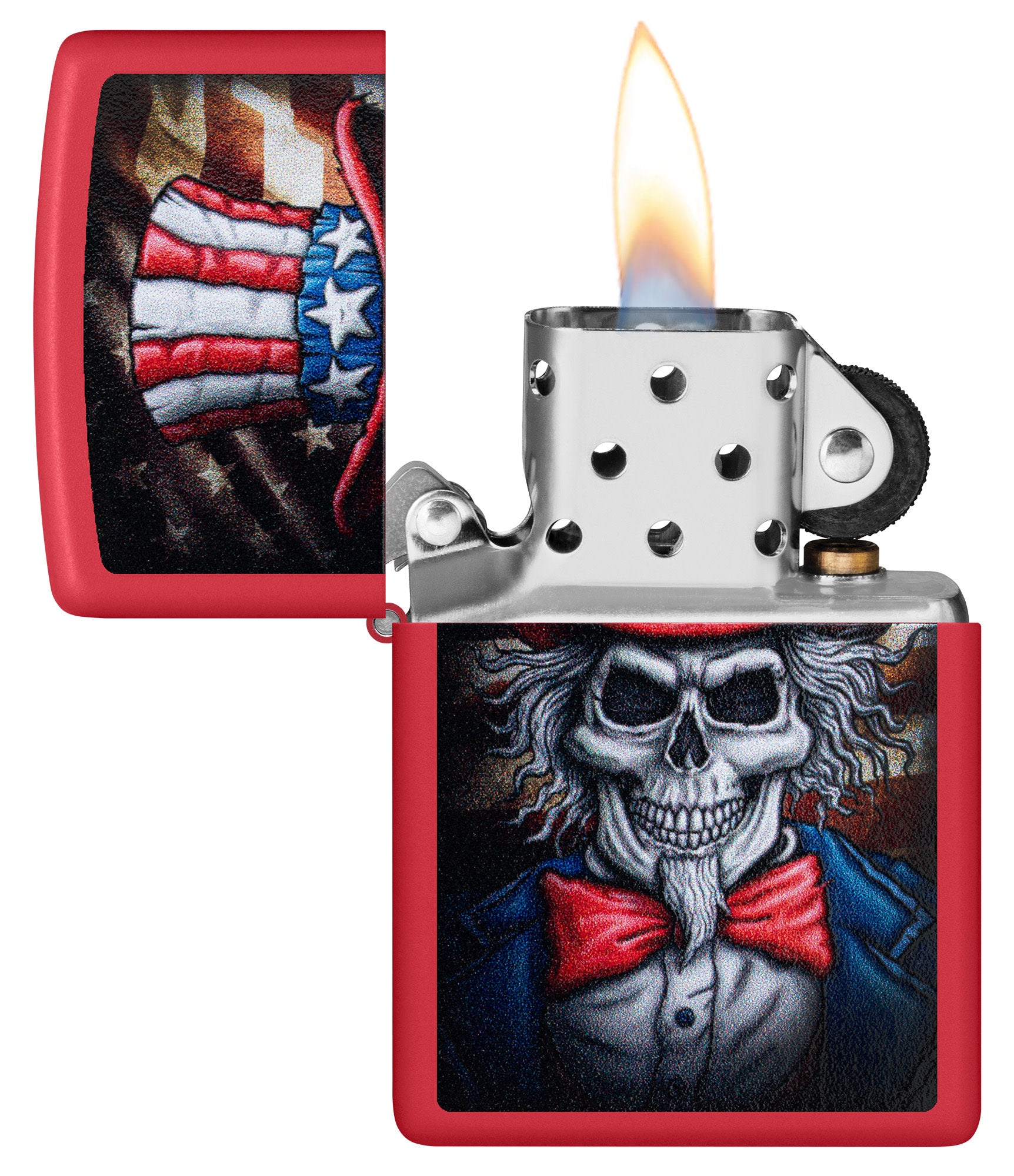 Zippo Uncle Skeleton Design Red Matte Windproof Lighter with its lid open and lit.