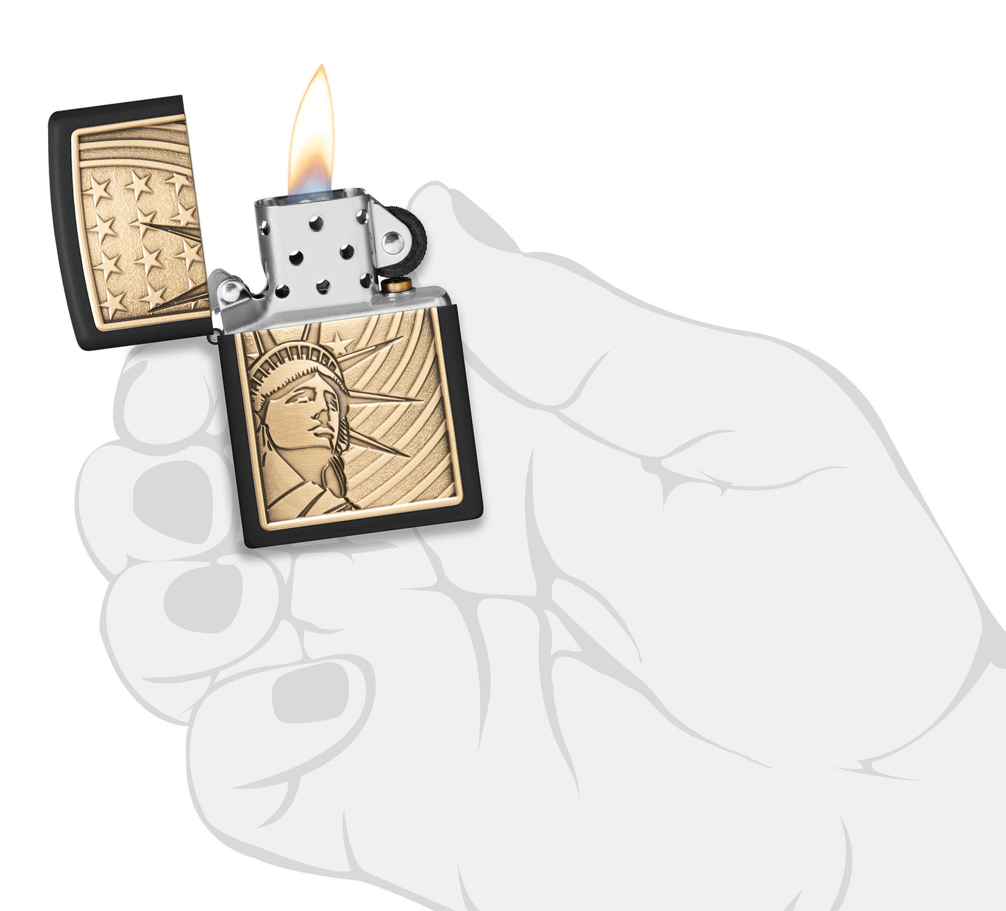 Zippo Lady Liberty Emblem Black Matte Windproof Lighter lit in hand.
