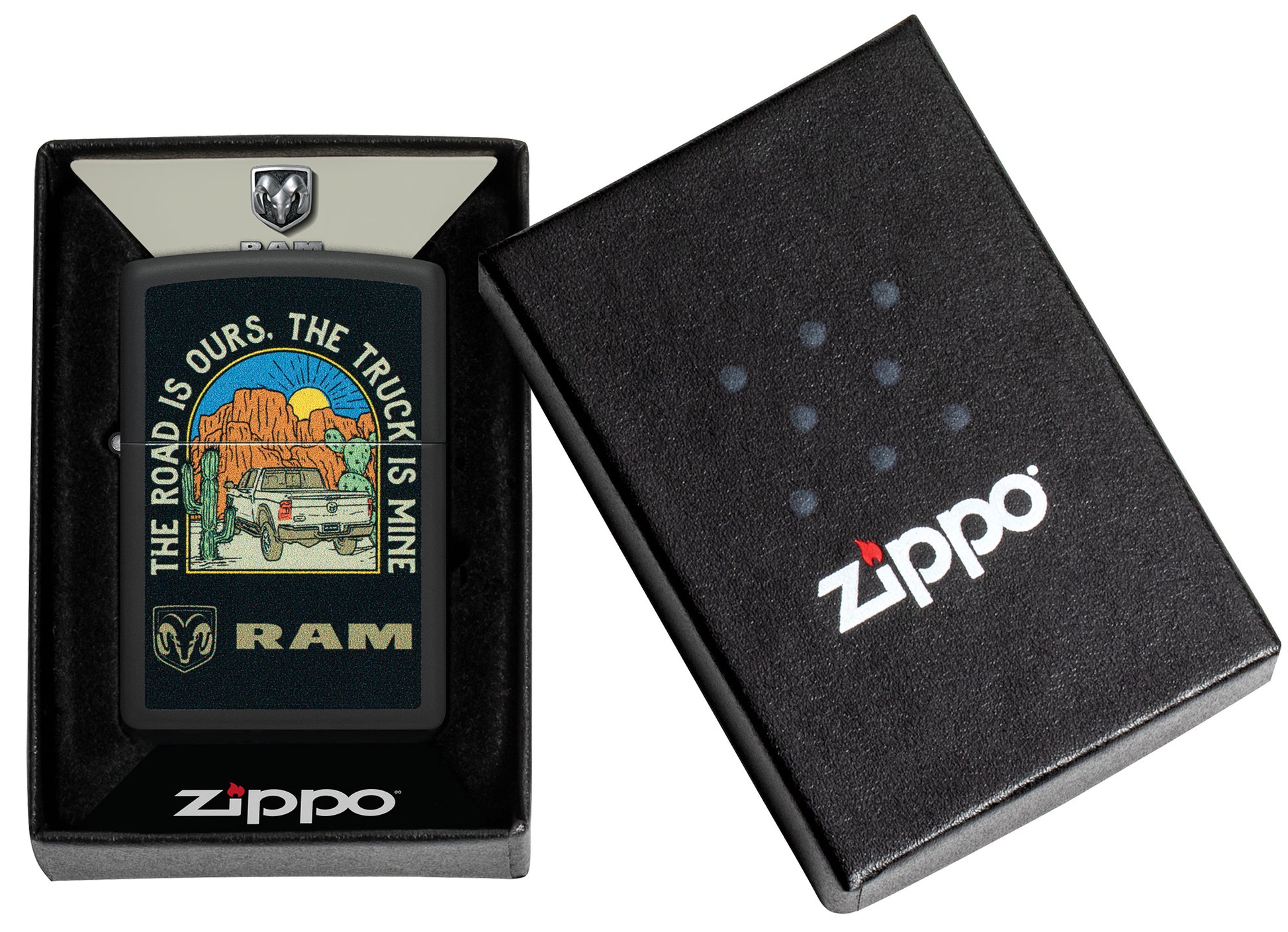Zippo Ram The Truck is Mine Design Black Matte Windproof Lighter in its packaging.