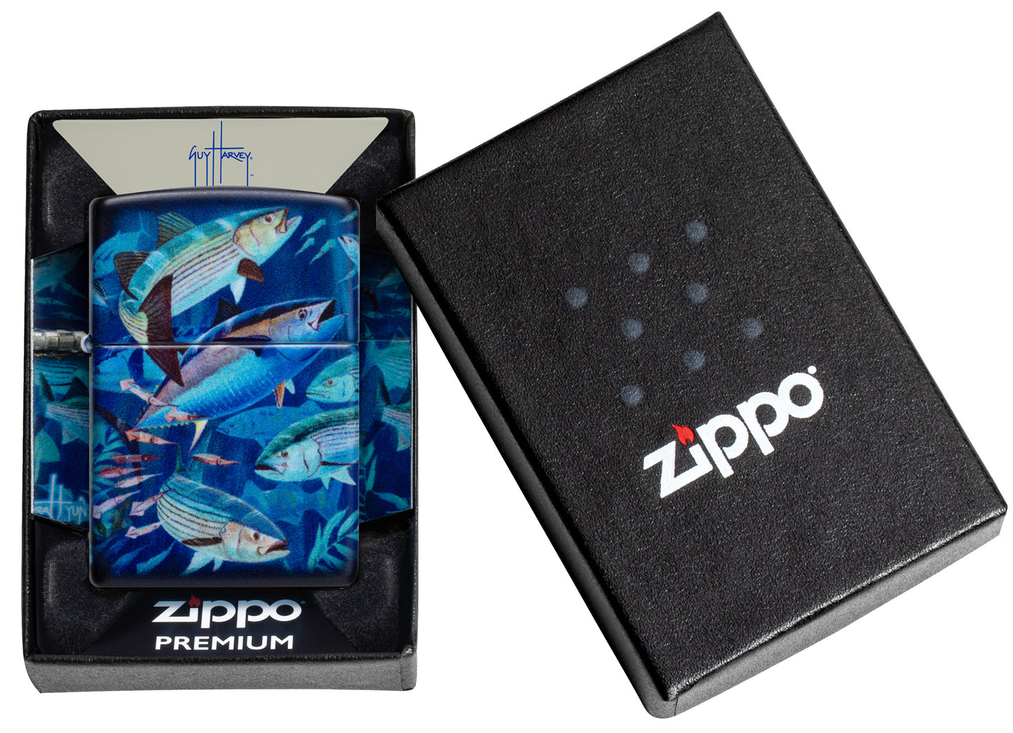 Zippo Guy Harvey School of Fish Design White 540 Matte Windproof Lighter in its packaging.