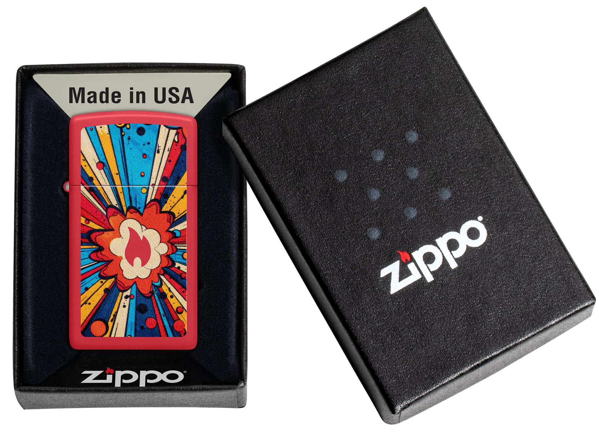 Zippo Comic Blast Design Slim Red Matte Windproof Lighter in its packaging.