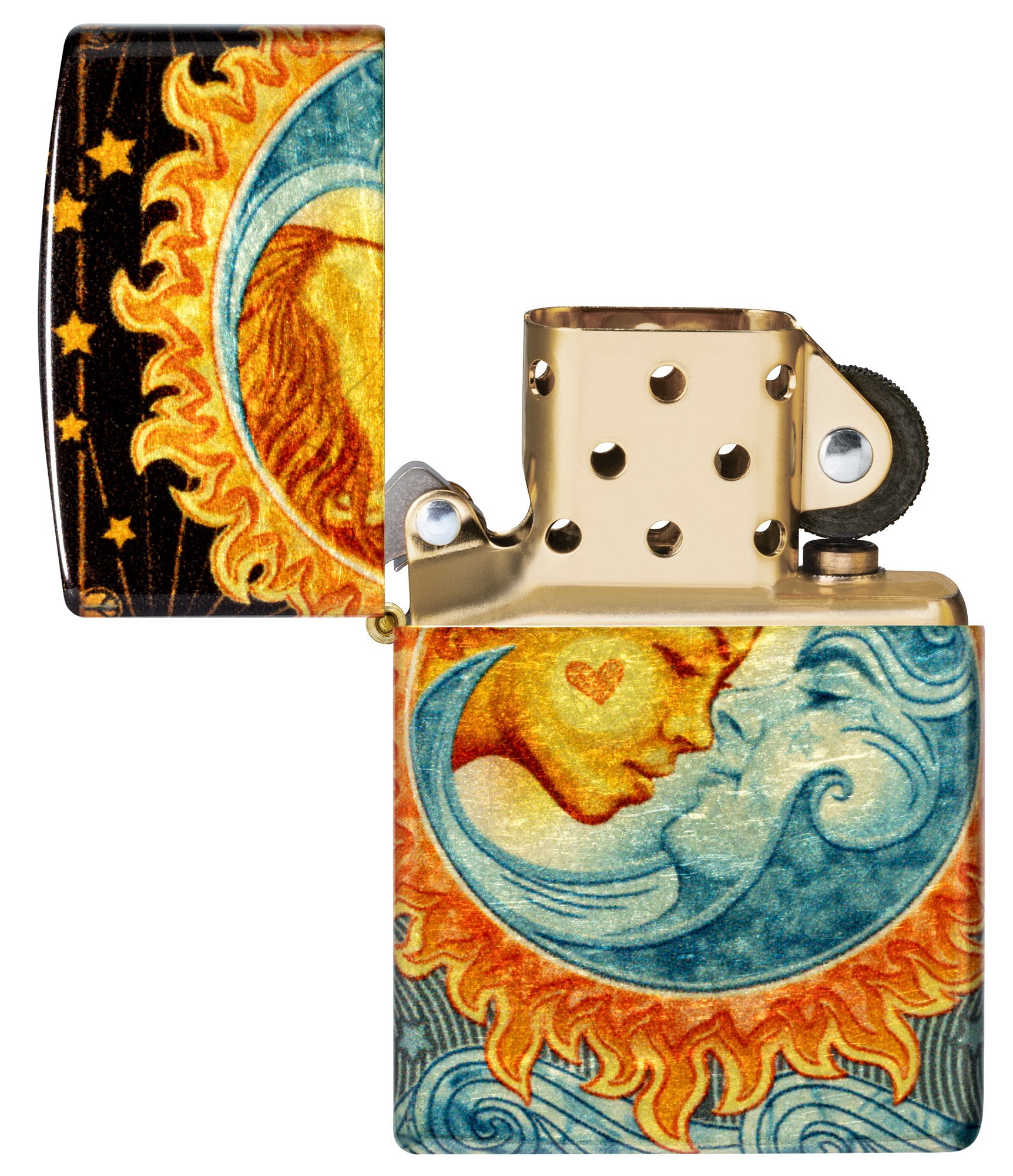 Zippo Star-Crossed Lovers Design 540 Tumbled Brass Windproof Lighter with its lid open and unlit.