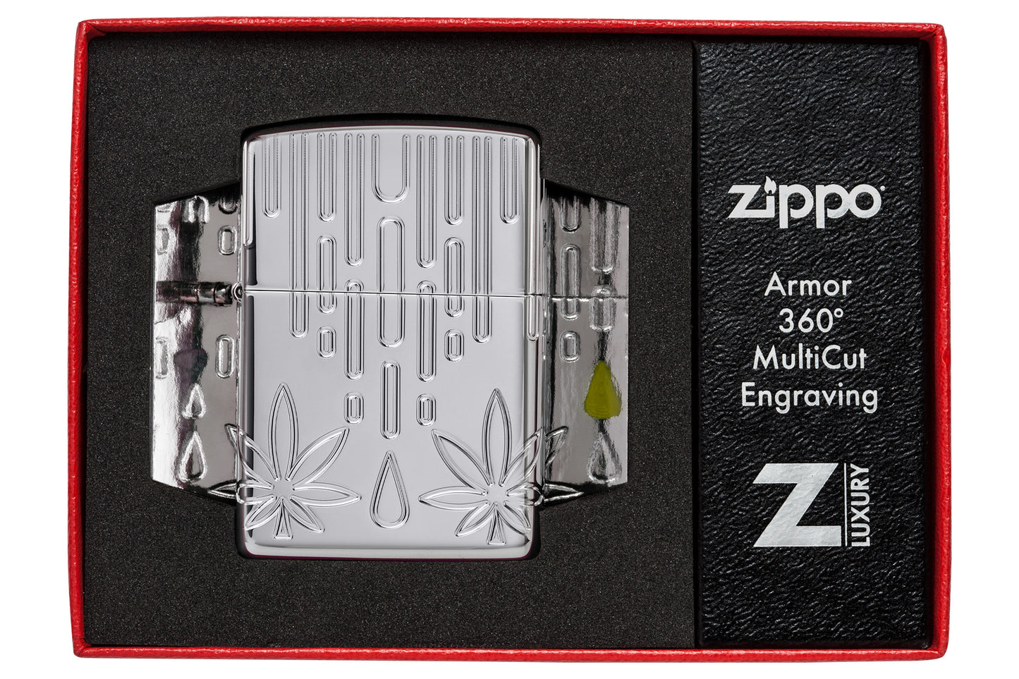 Zippo Waxy Leaf Design Armor® High Polish Chrome Windproof Lighter in its packaging.