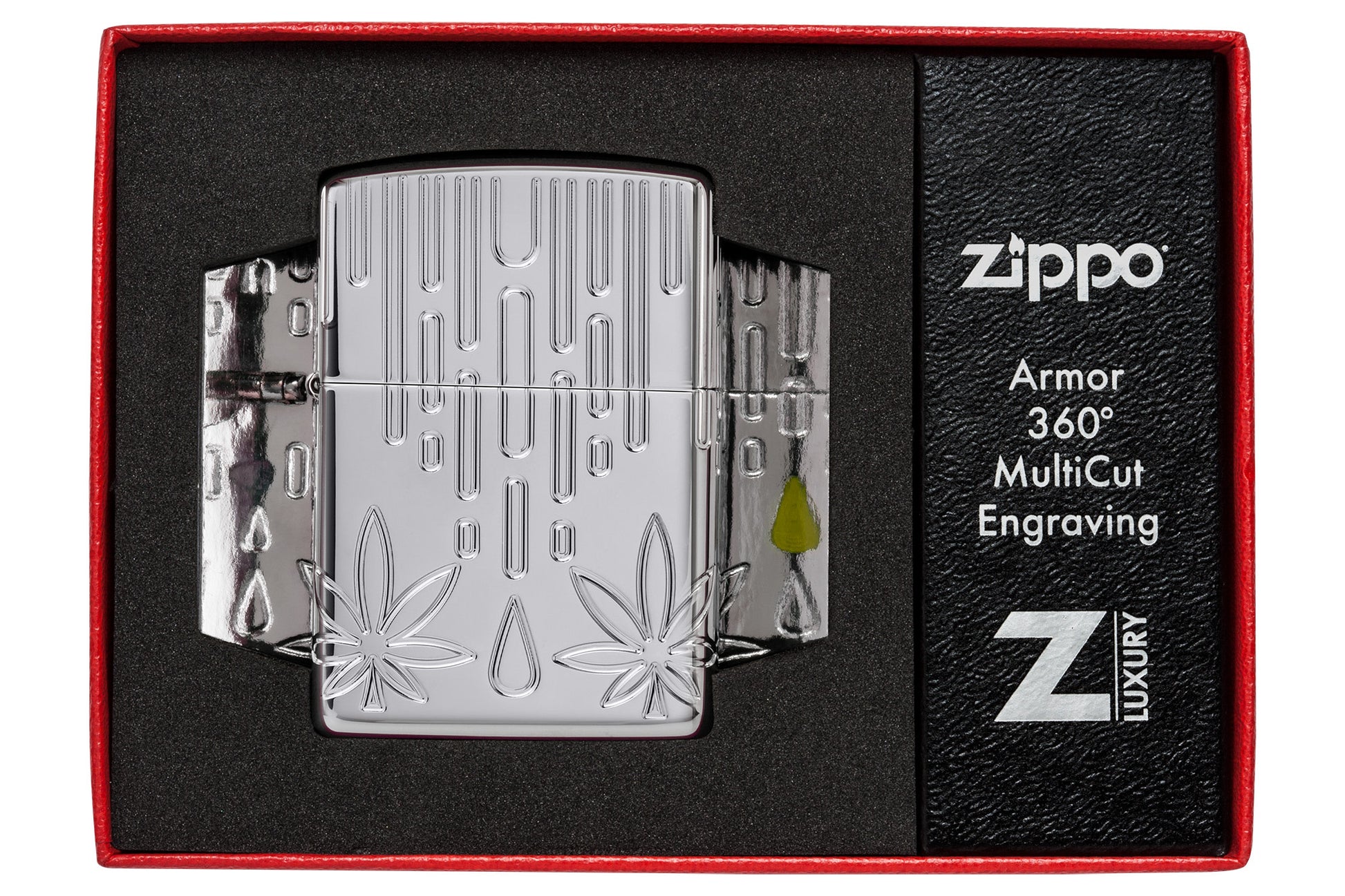 Zippo Waxy Leaf Design Armor® High Polish Chrome Windproof Lighter in its packaging.
