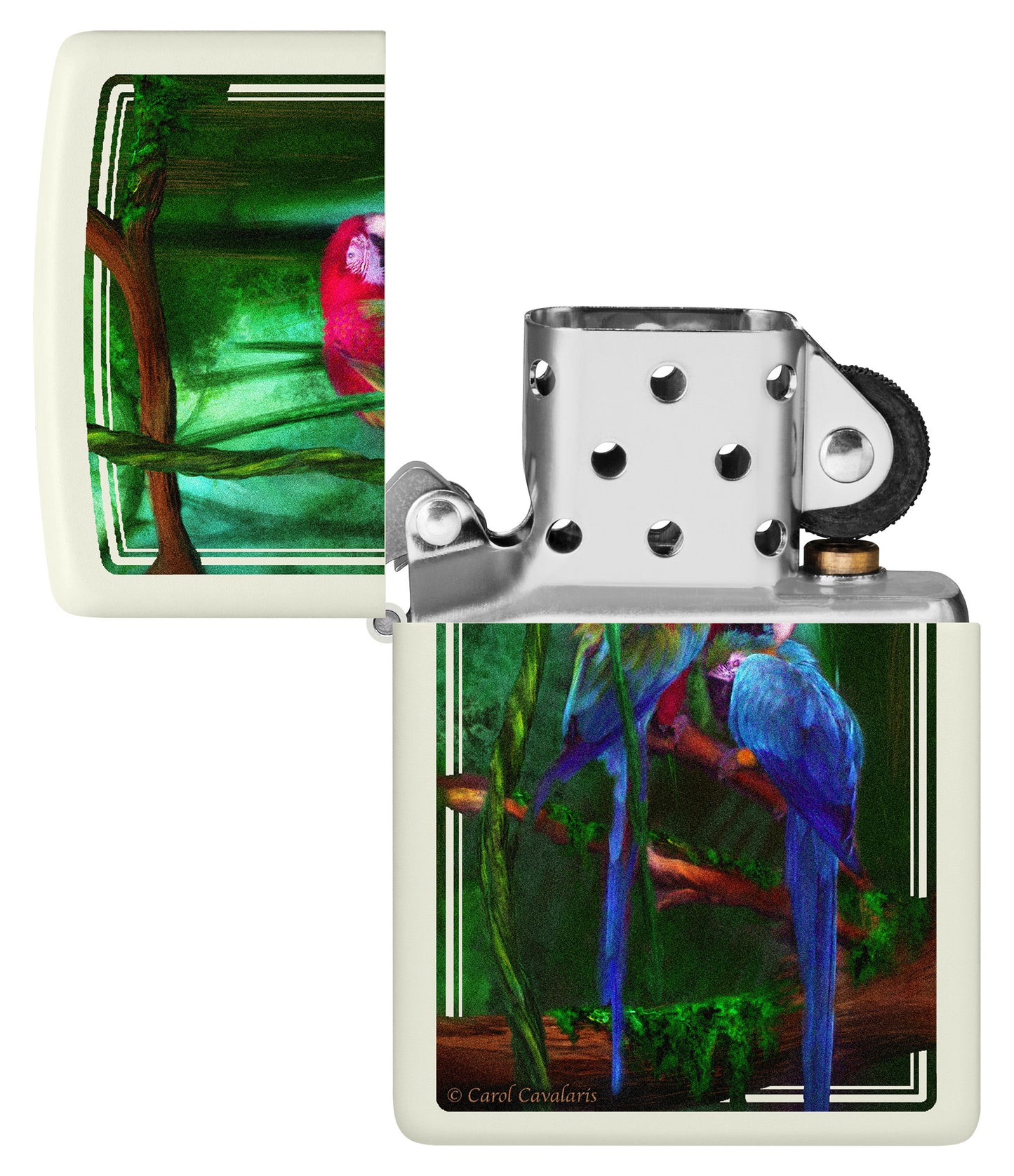 Zippo Carol Cavalaris Glow in the Dark Windproof Lighter with its lid open and unlit.