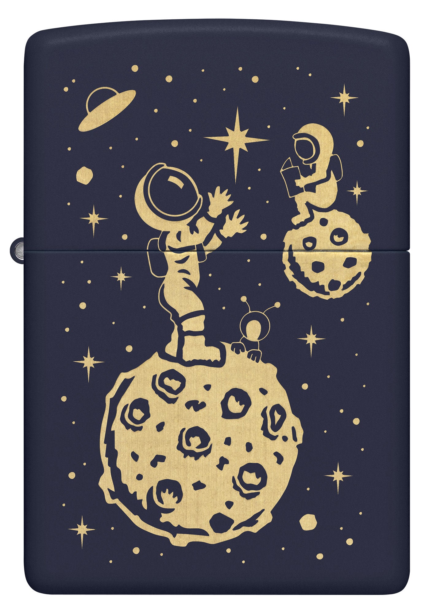 Front view of Zippo Lost in Space Design Navy Matte Windproof Lighter.