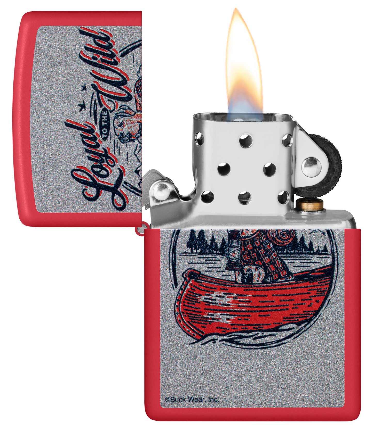 Zippo Buck Wear™ Loyal to the Wild Design Red Matte Windproof Lighter with its lid open and lit.