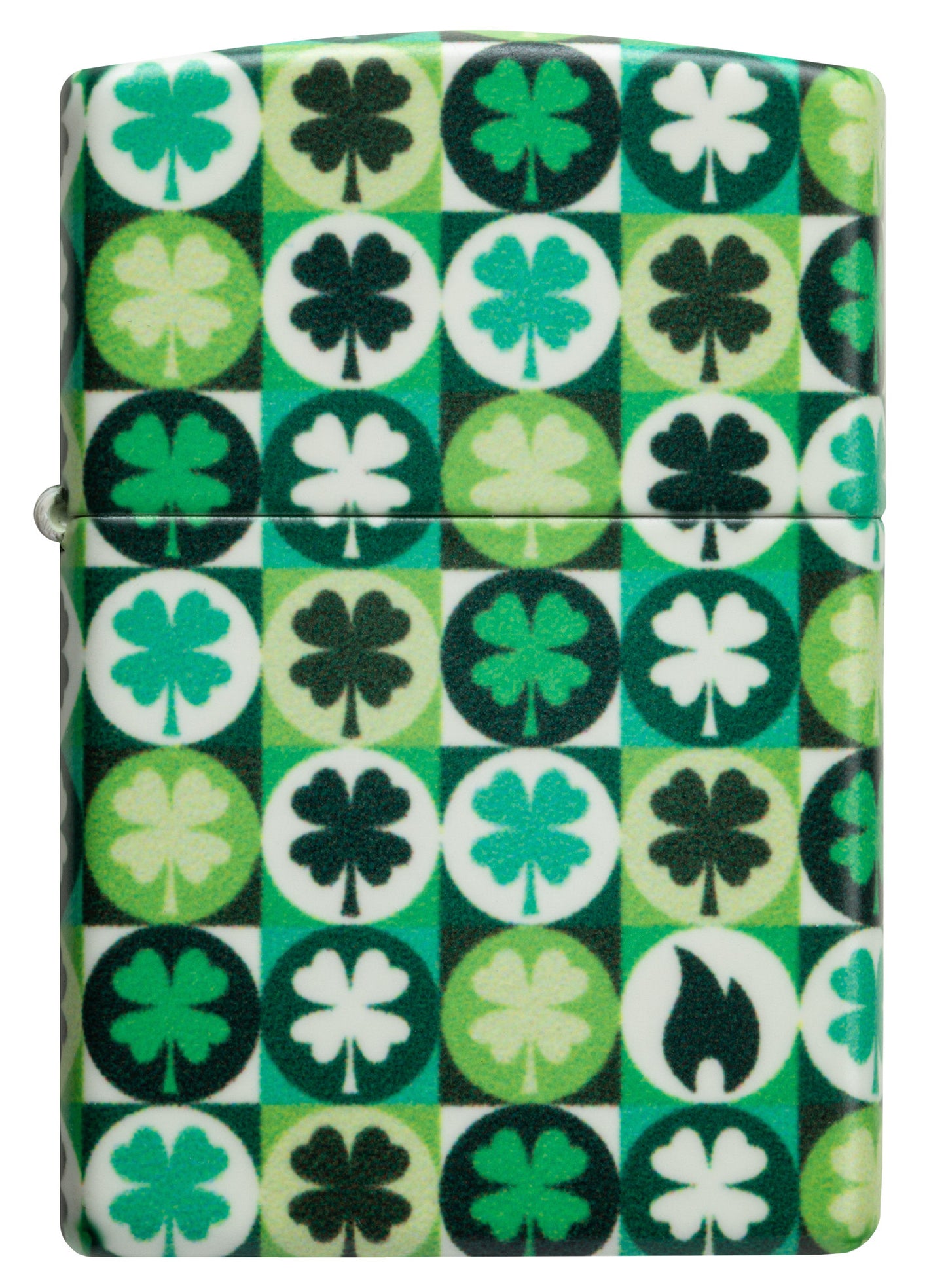 Front view of Zippo Clover Design Glow in the Dark Green Matte Windproof Lighter.