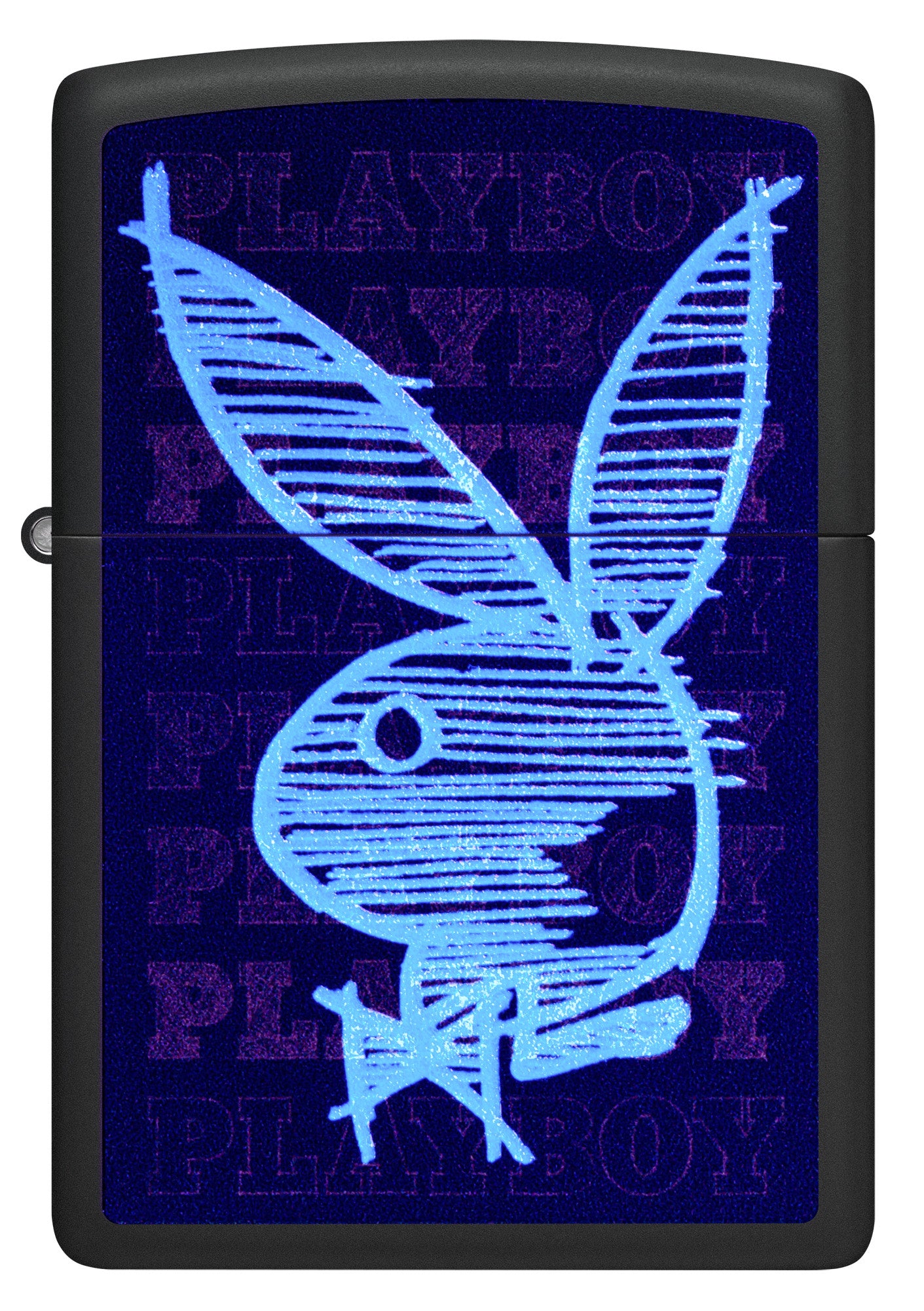 Front view of Zippo Black Light Rabbit Design Black Matte Windproof Lighter under a black light.