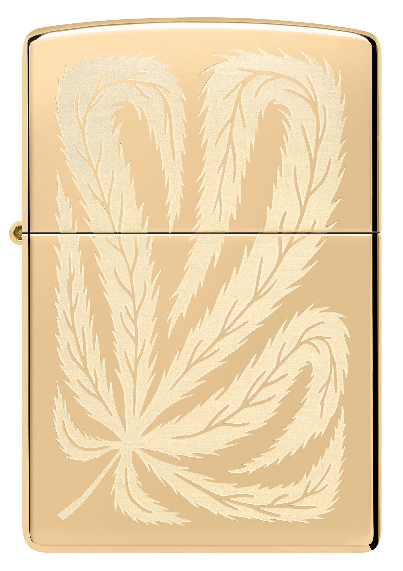 Front view of Zippo Leaf Feather Design High Polish Brass Windproof Lighter.