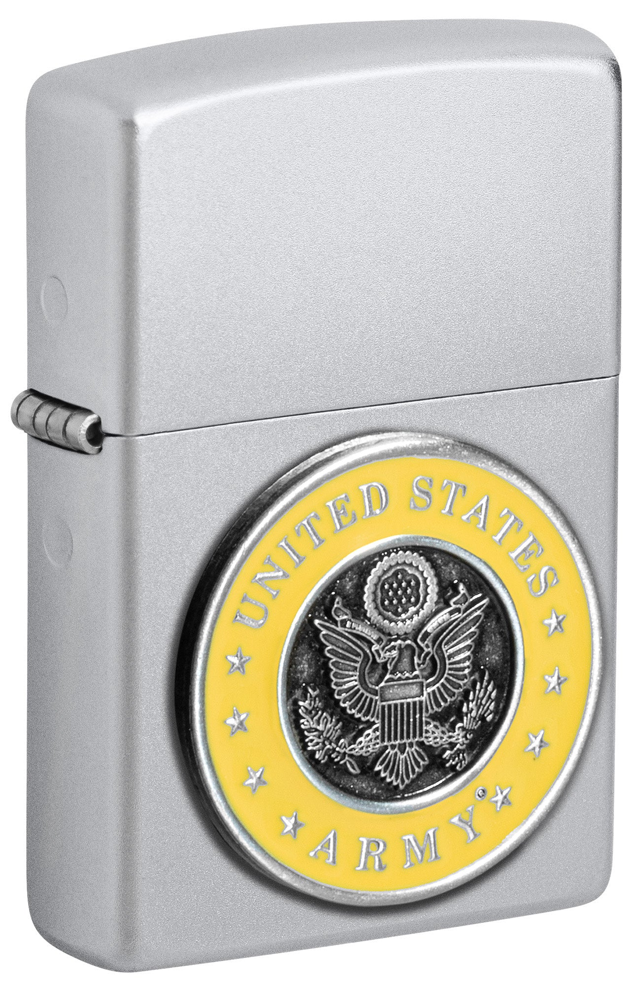 Front view of Zippo United States Army® Emblem Satin Chrome Windproof Lighter standing at a 3/4 angle.