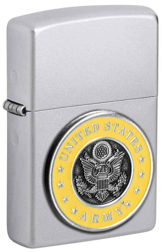 Front view of Zippo United States Army® Emblem Satin Chrome Windproof Lighter standing at a 3/4 angle.
