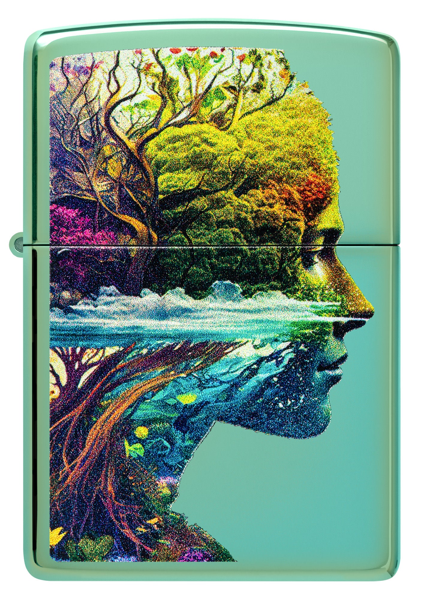 Front view of Zippo One with Nature Design High Polish Green Windproof Lighter.