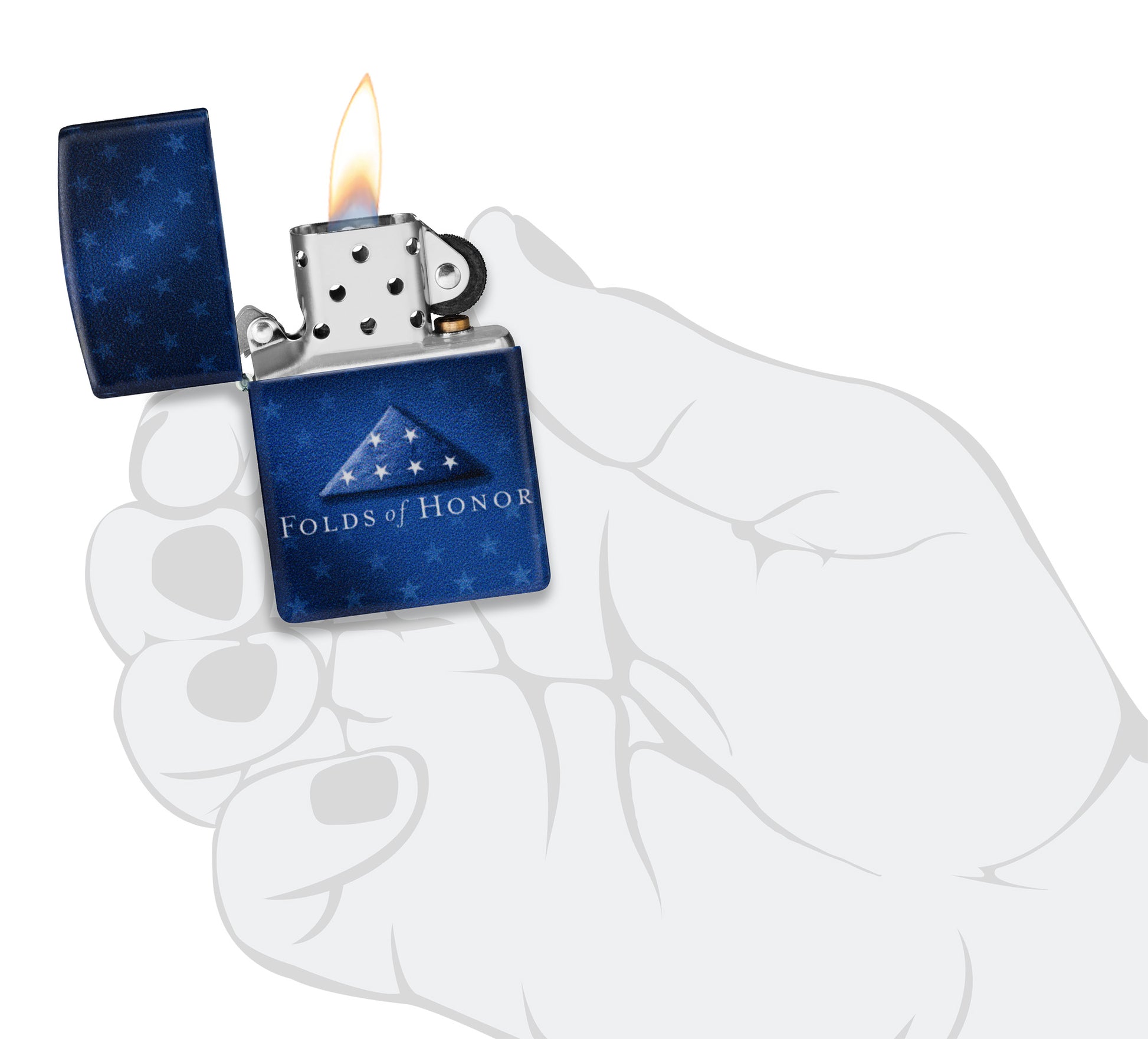 Zippo Folds of Honor Star-Studded Design 540 Matte Pocket Lighter lit in hand.
