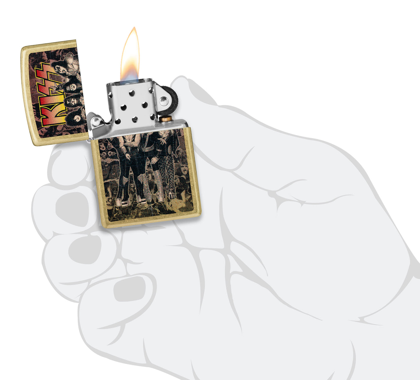Zippo KISS Poster Street Brass Windproof Lighter lit in hand.