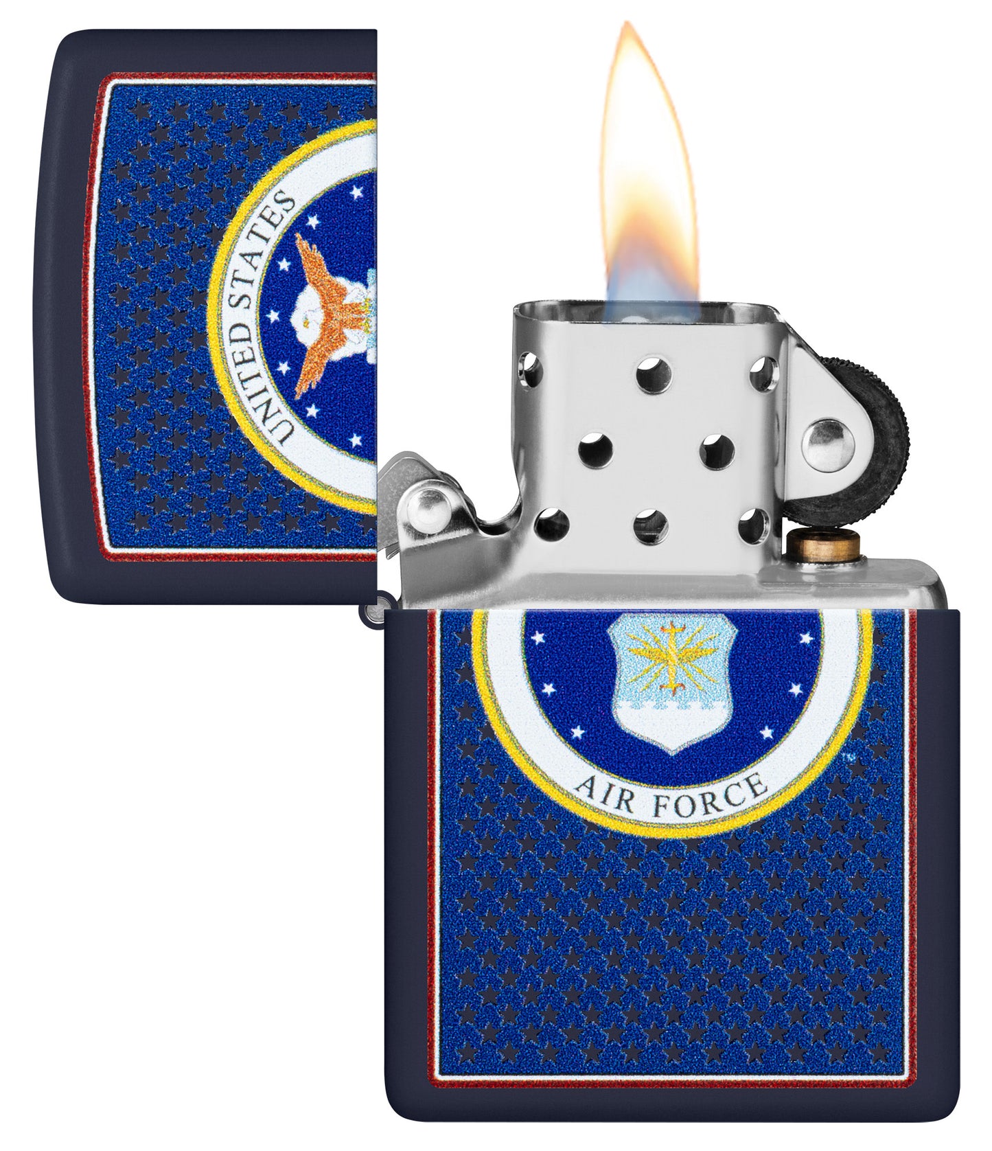 Zippo U.S. Air Forceâ„¢ Navy Matte Windproof Lighter with its lid open and lit.