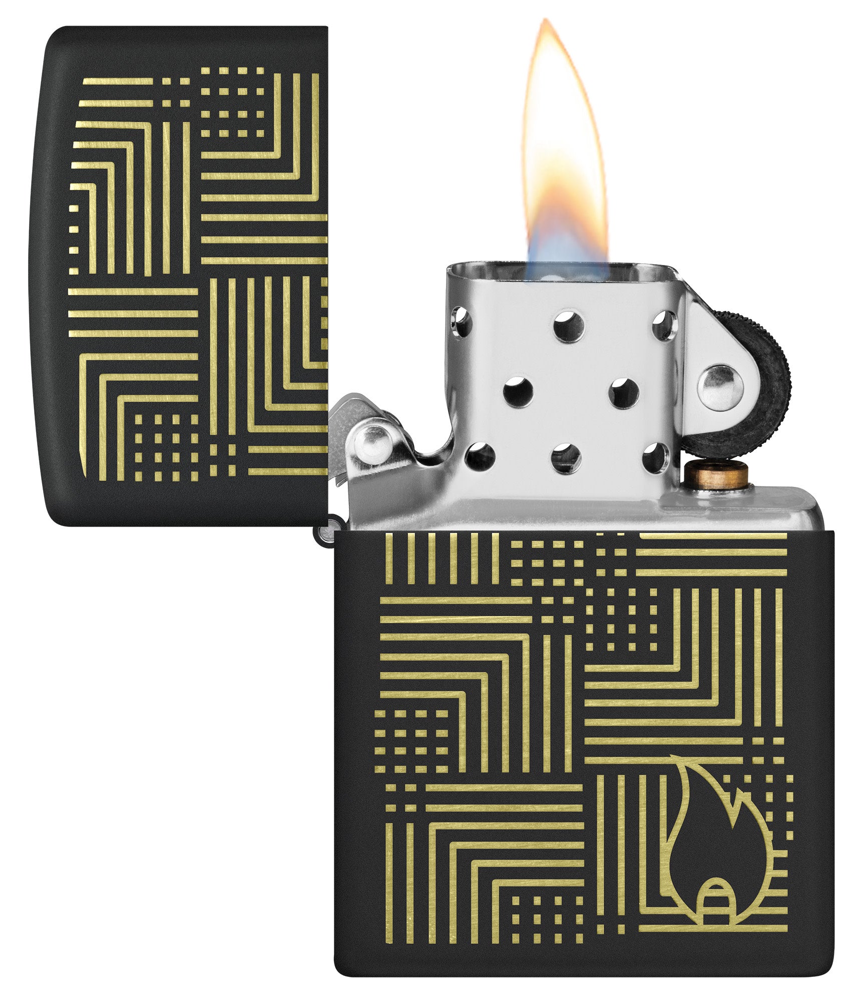 Zippo Reflection Design Black Matte Windproof Lighter with its lid open and lit.
