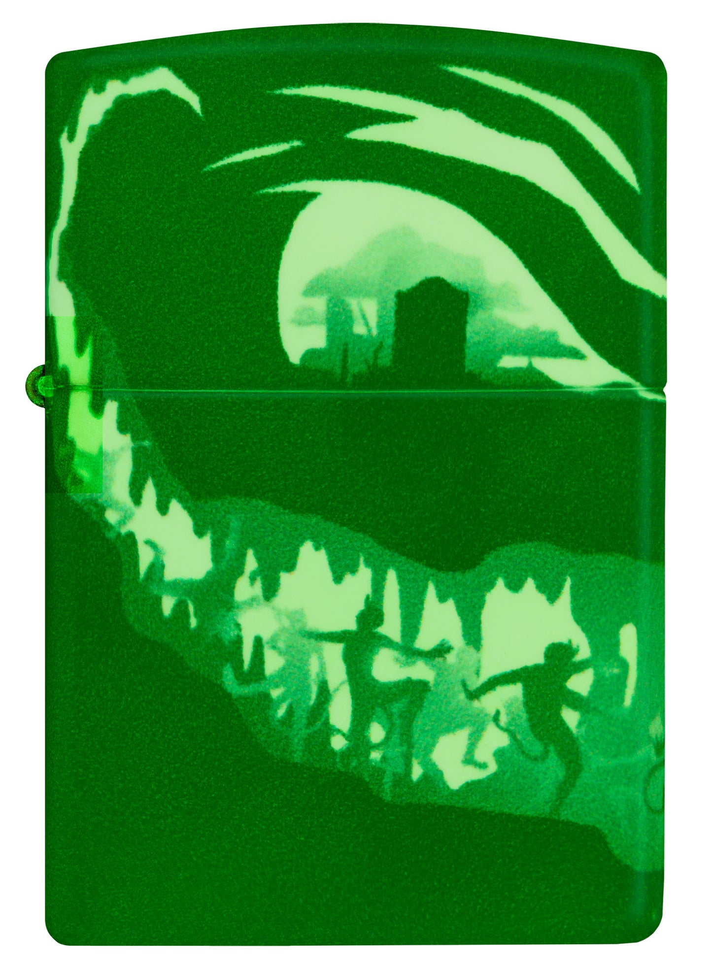 Front view of Zippo Devil Dance Design 540 Color Glow in the Dark Windproof Lighter glowing in the dark.