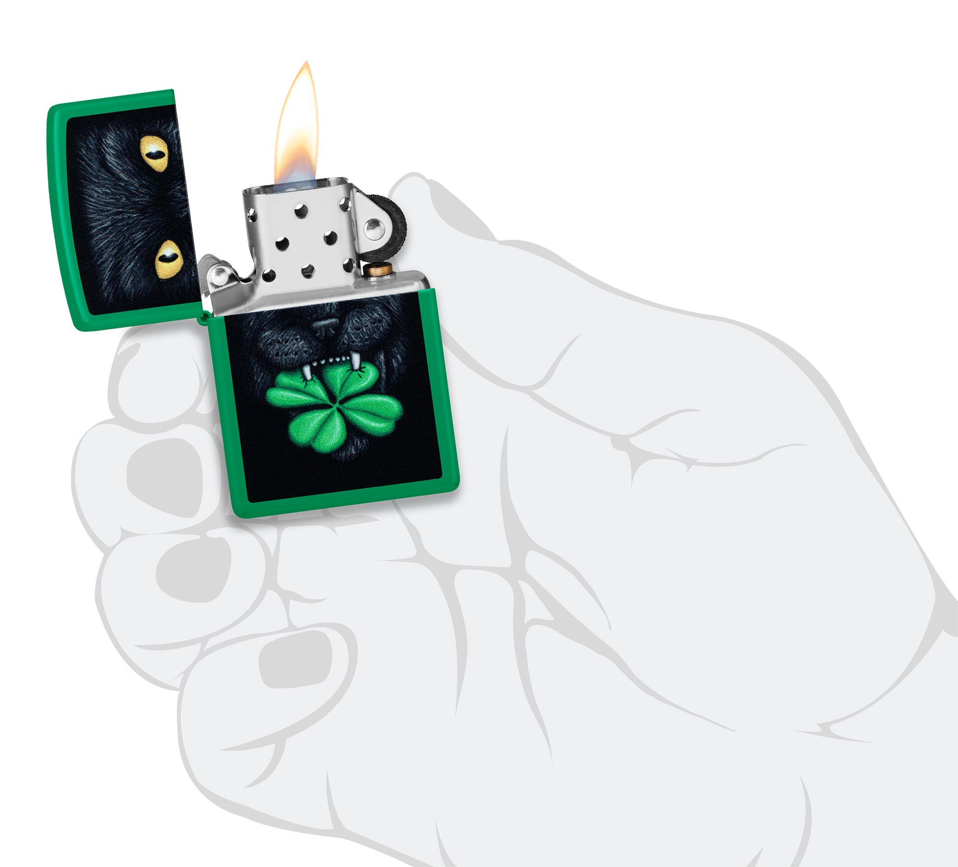Zippo Feline Lucky Design Grass Green Matte Windproof Lighter lit in hand.