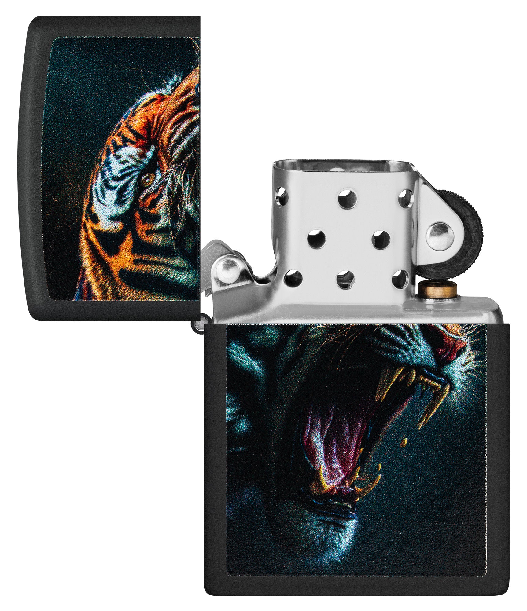 Zippo Tiger Roar Design Black Matte Windproof Lighter with its lid open and unlit.