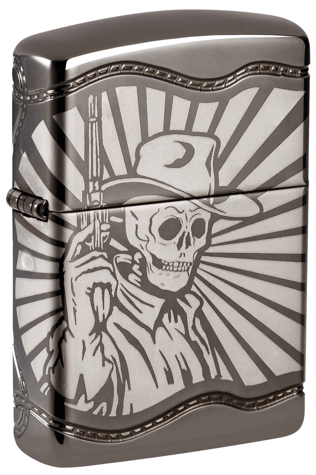 Front shot of Zippo Skeleton Cowboy Design Armor® Black Ice Windproof Lighter standing at a 3/4 angle.