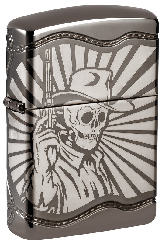 Front shot of Zippo Skeleton Cowboy Design Armor® Black Ice Windproof Lighter standing at a 3/4 angle.