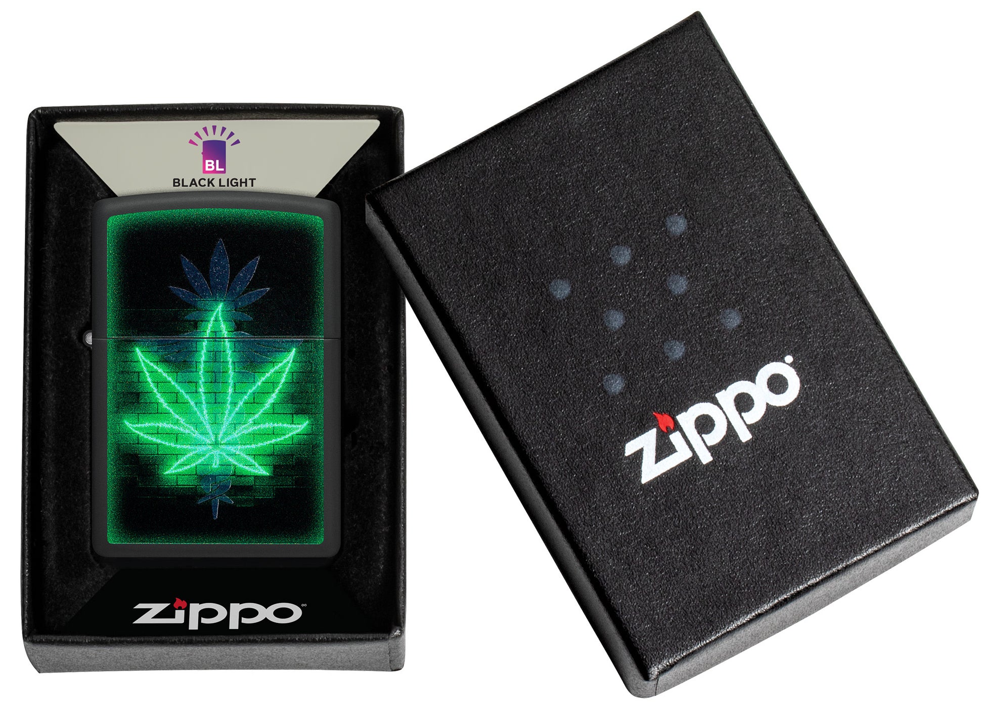 Zippo Gleaming Leaf Design Black Matte Windproof Lighter in its packaging.
