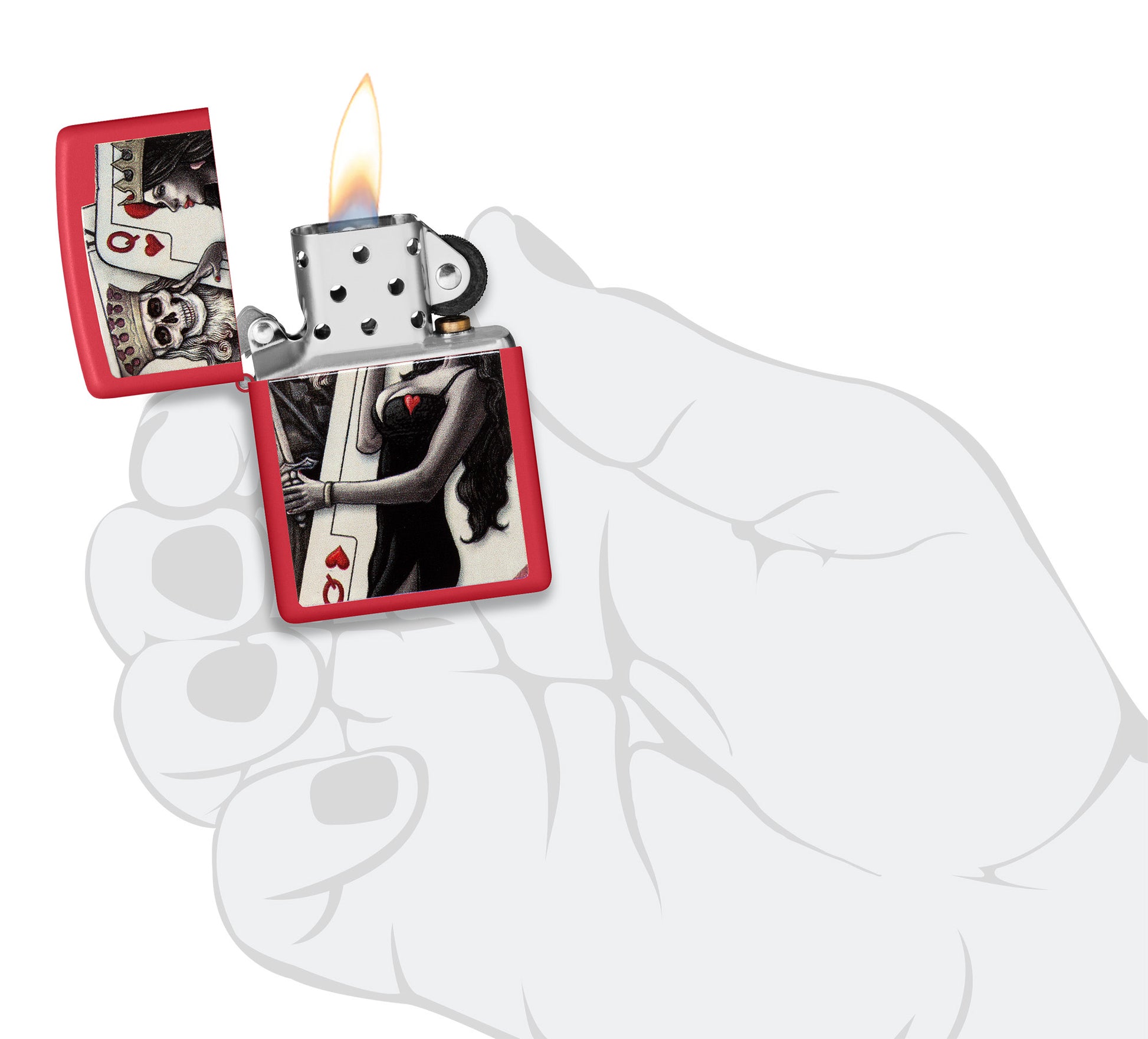 Zippo Skull King Queen Beauty Red Matte Windproof Lighter lit and in hand.