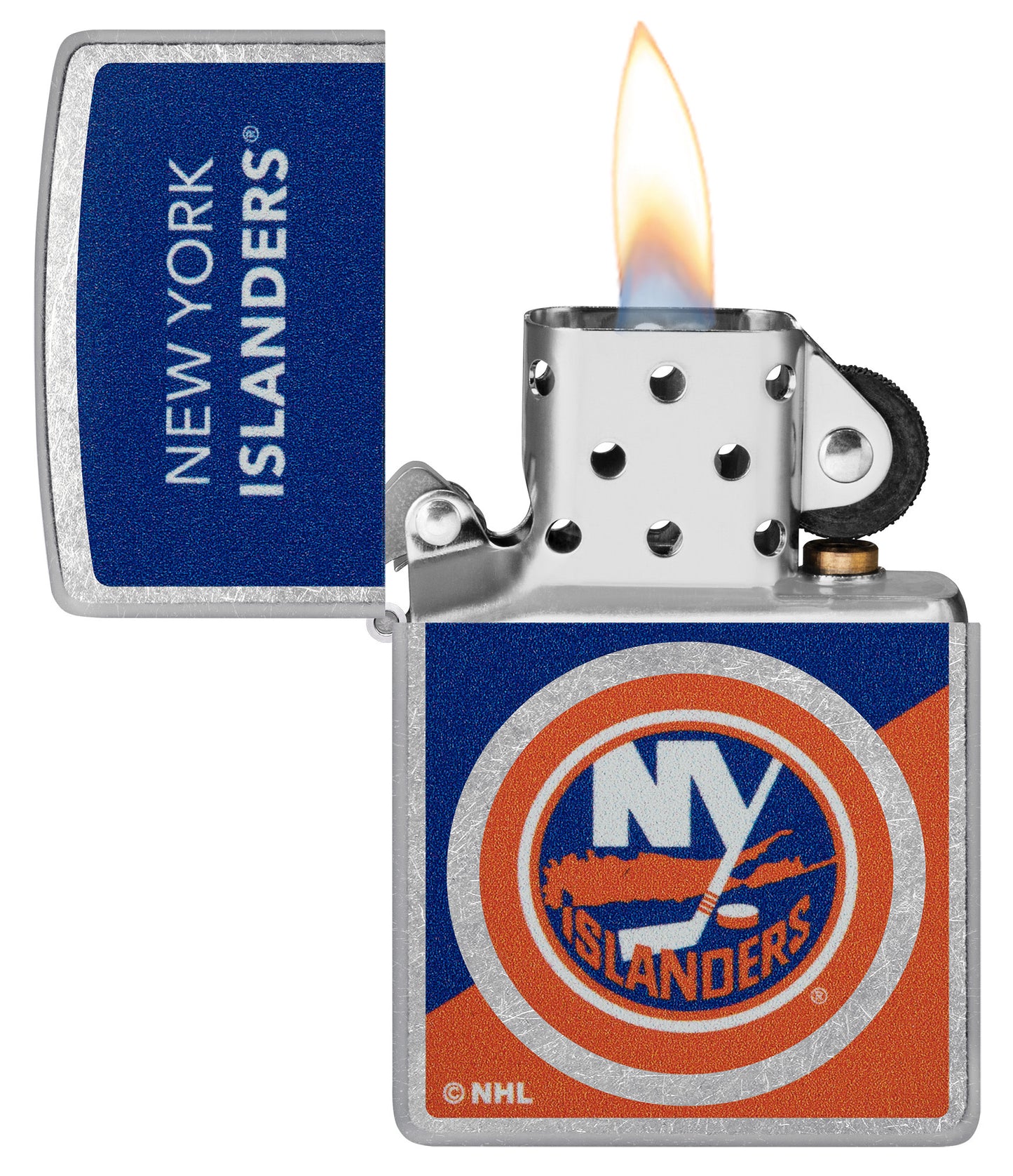 Zippo NHL® New York Islanders® 2024 Street Chrome™ Windproof Lighter with its lid open and unlit.