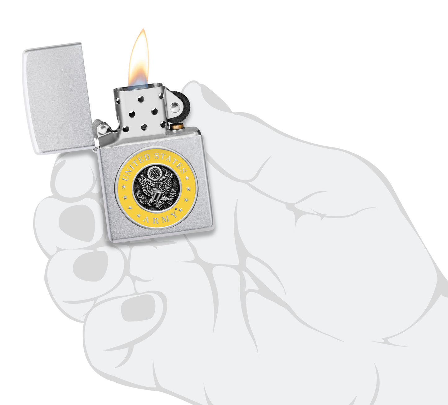 Zippo United States Army® Emblem Satin Chrome Windproof Lighter lit in hand.