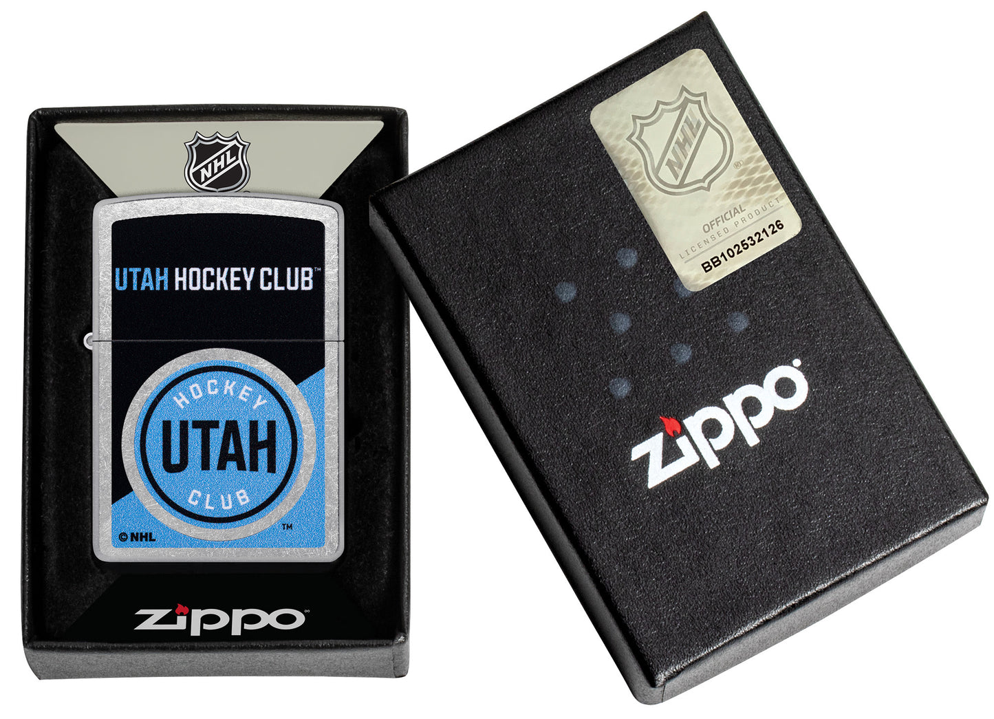 Zippo NHL® Utah Hockey Club® 2024 Street Chrome™ Windproof Lighter in its packaging.