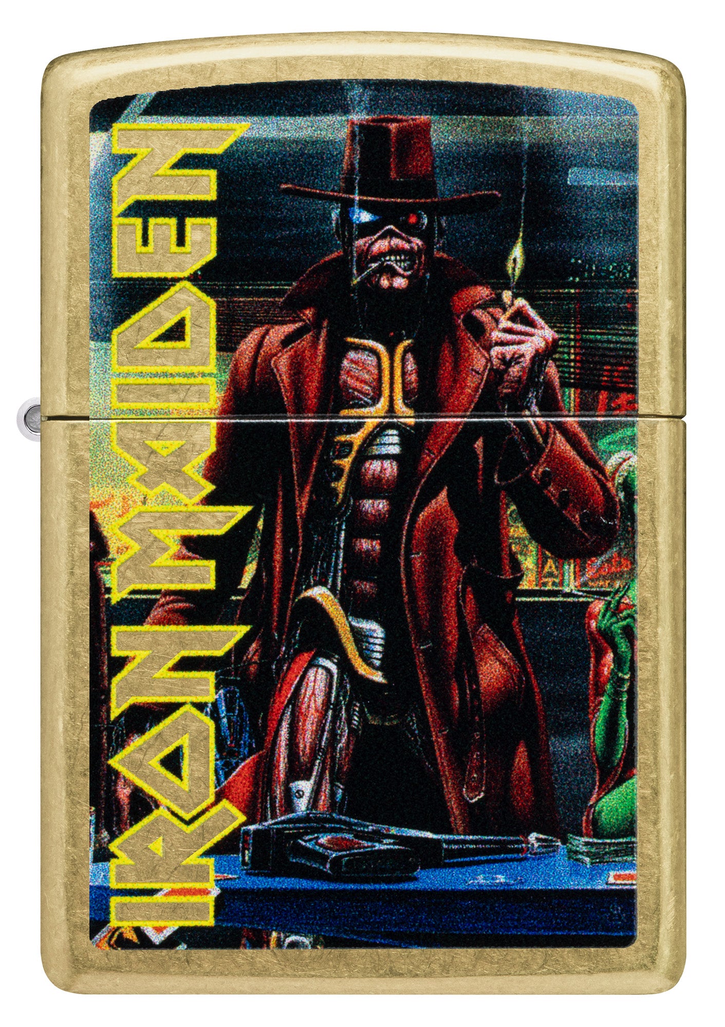 Front view of Zippo Iron Maiden Stranger in a Strange Land Street Brass Windproof Lighter.