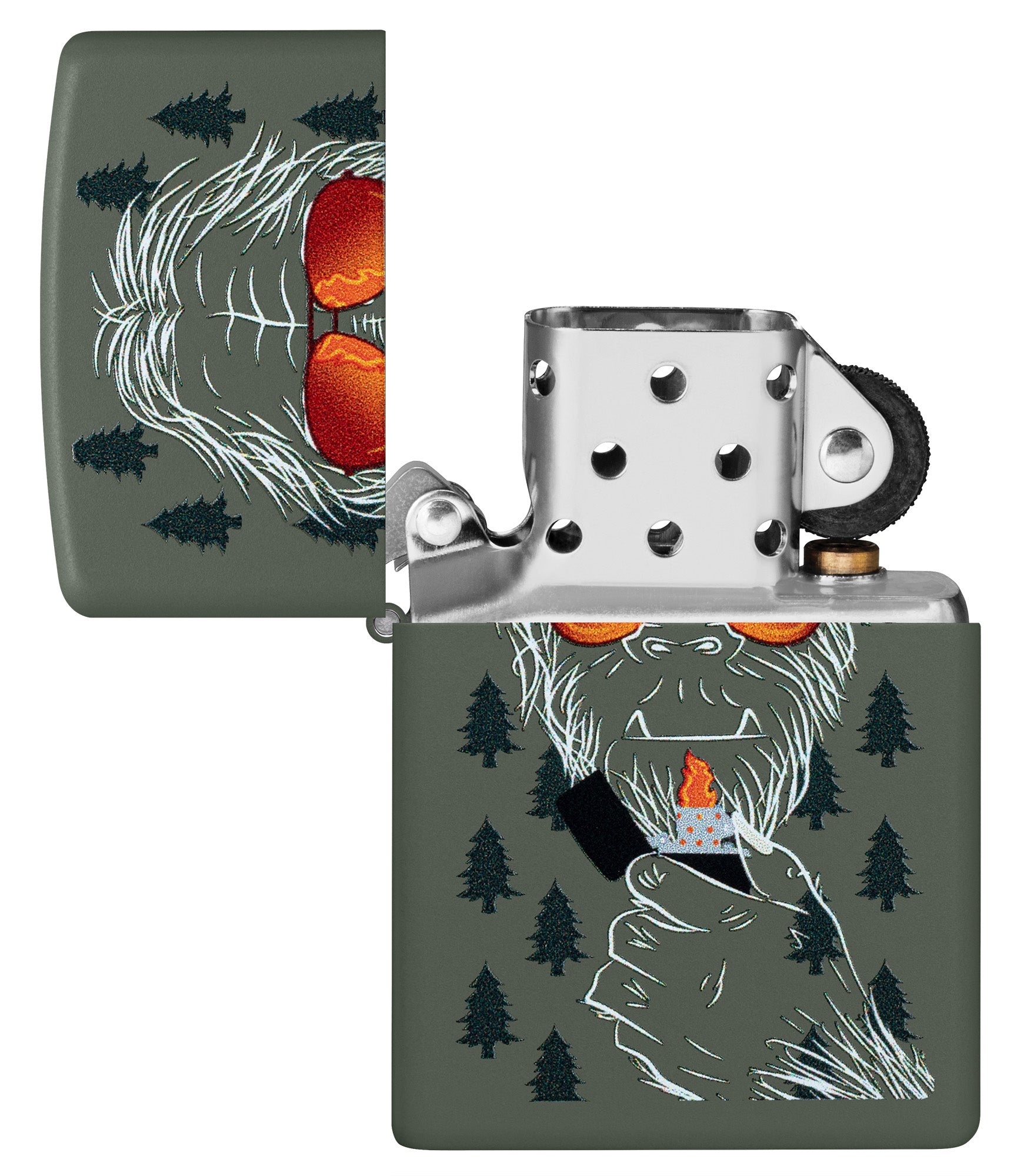 Zippo Zipsquatch Design Green Matte Windproof Lighter with its lid open and unlit.