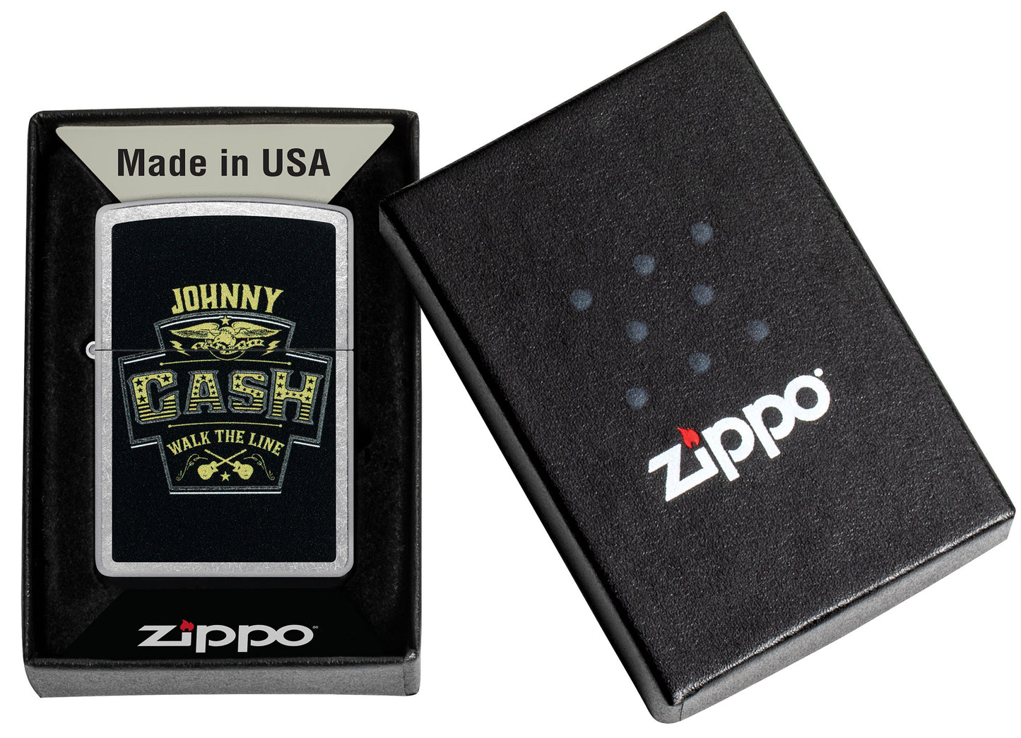 Zippo Johnny Cash Marquee Design Street Chrome Windproof Lighter in its packaging.