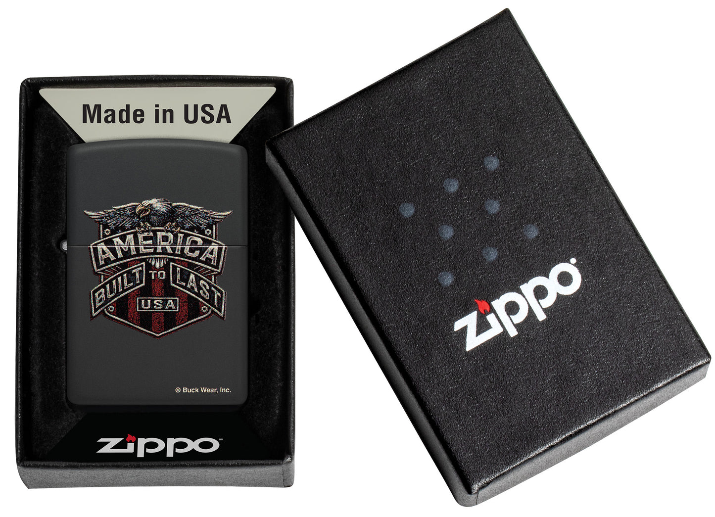 Zippo Buck Wear Eagle Design Black Matte Windproof Lighter in its packaging.
