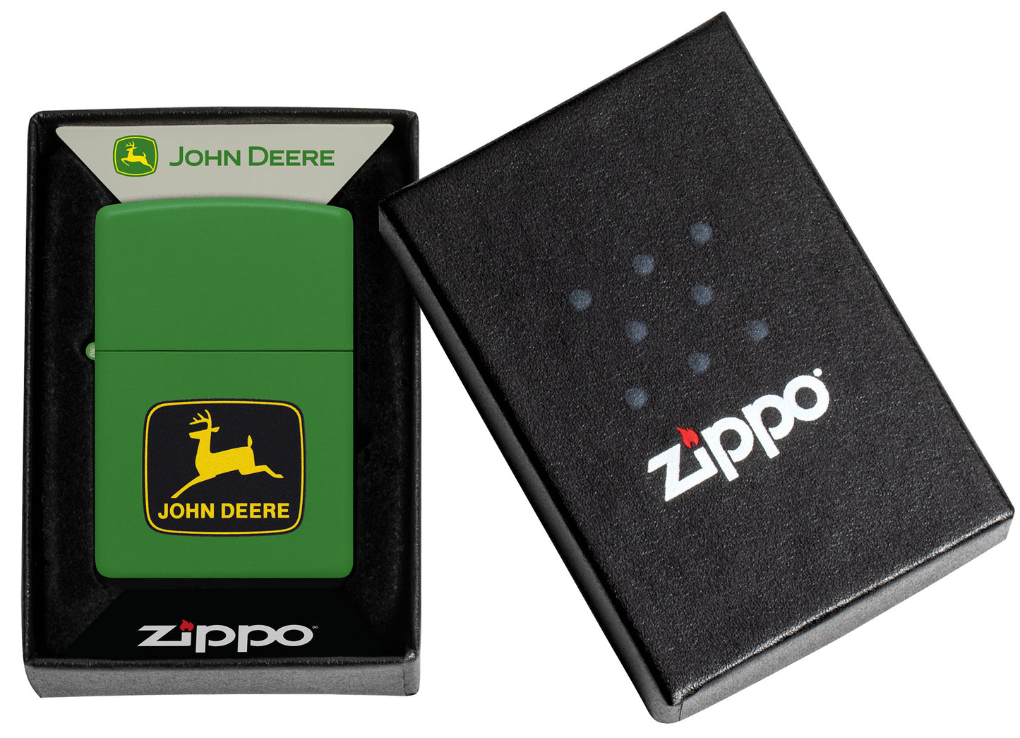 Zippo John Deere Logo Design Moss Green Pocket Lighter in its packaging.