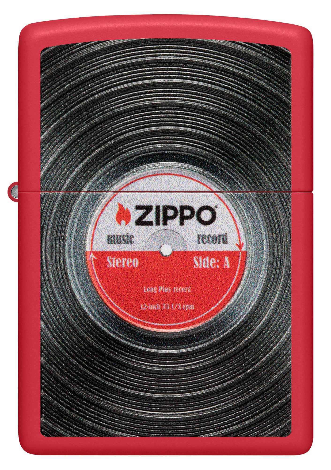 Front shot of Zippo Vinyl Record Texture Print Red Matte Windproof Lighter.