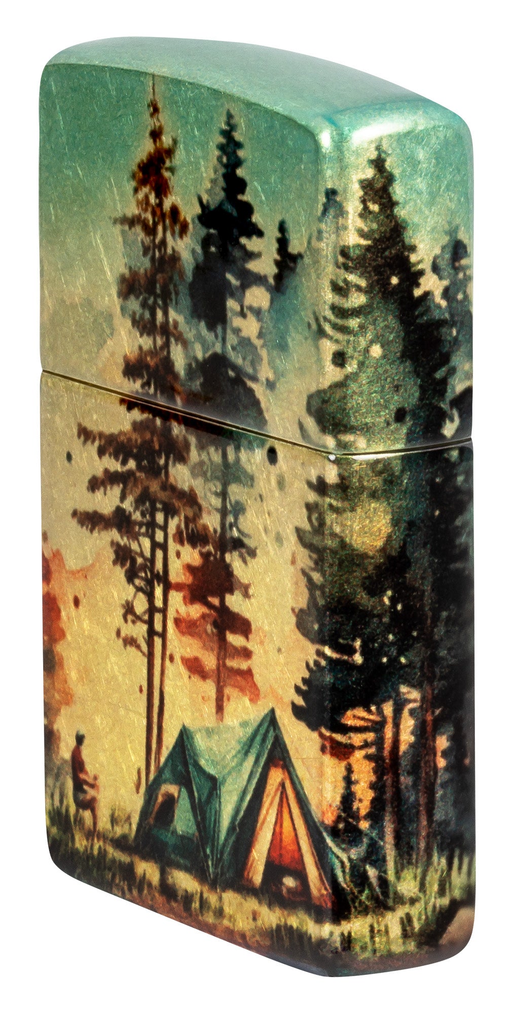 Angled shot of Zippo Off the Grid Design 540 Tumbled Brass Windproof Lighter showing the front and right side of the lighter.