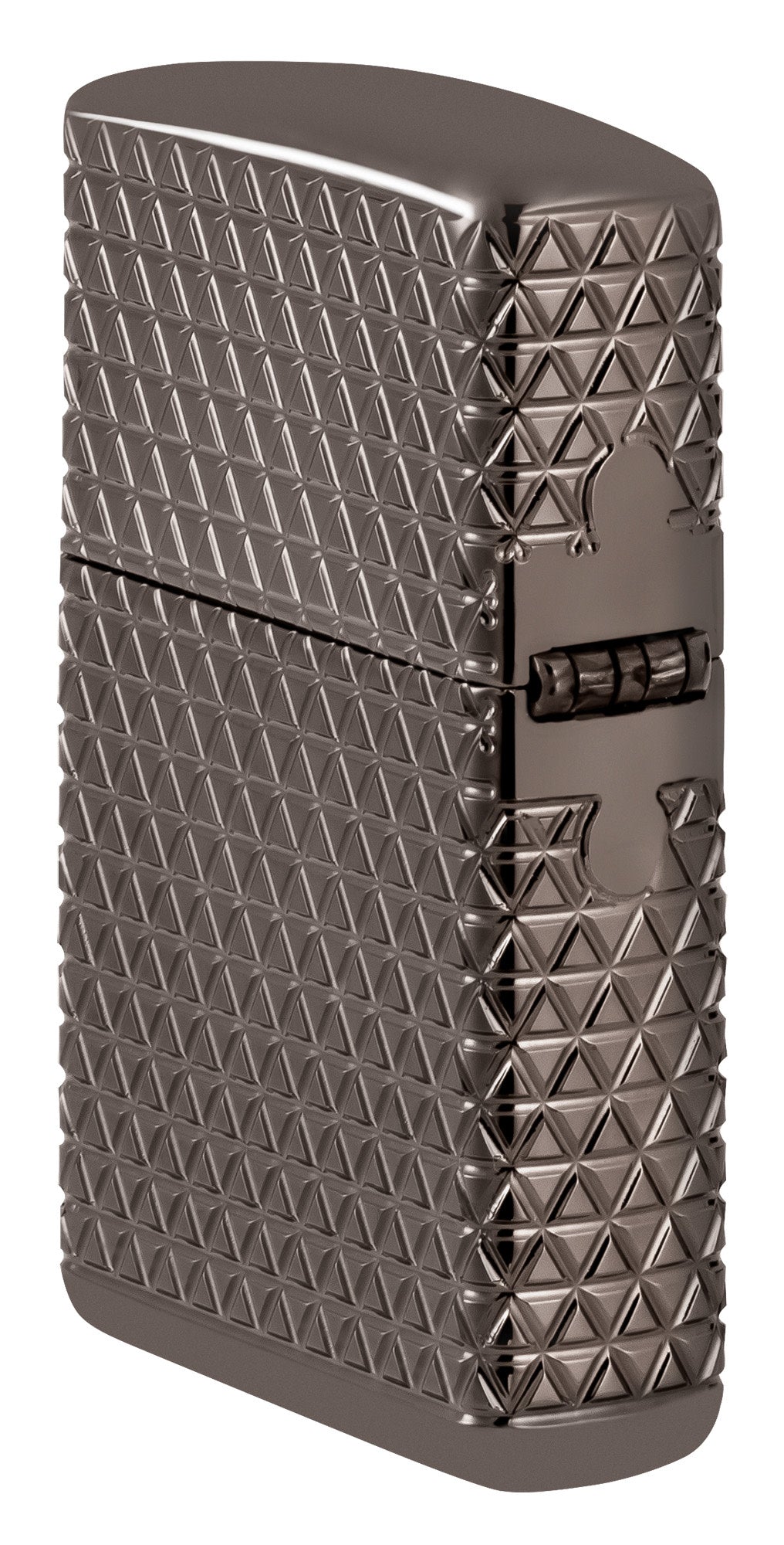 Angled shot of Zippo Diamond Pattern Design Armor® Black Ice® Windproof Lighter showing the back and hinge side of the lighter.