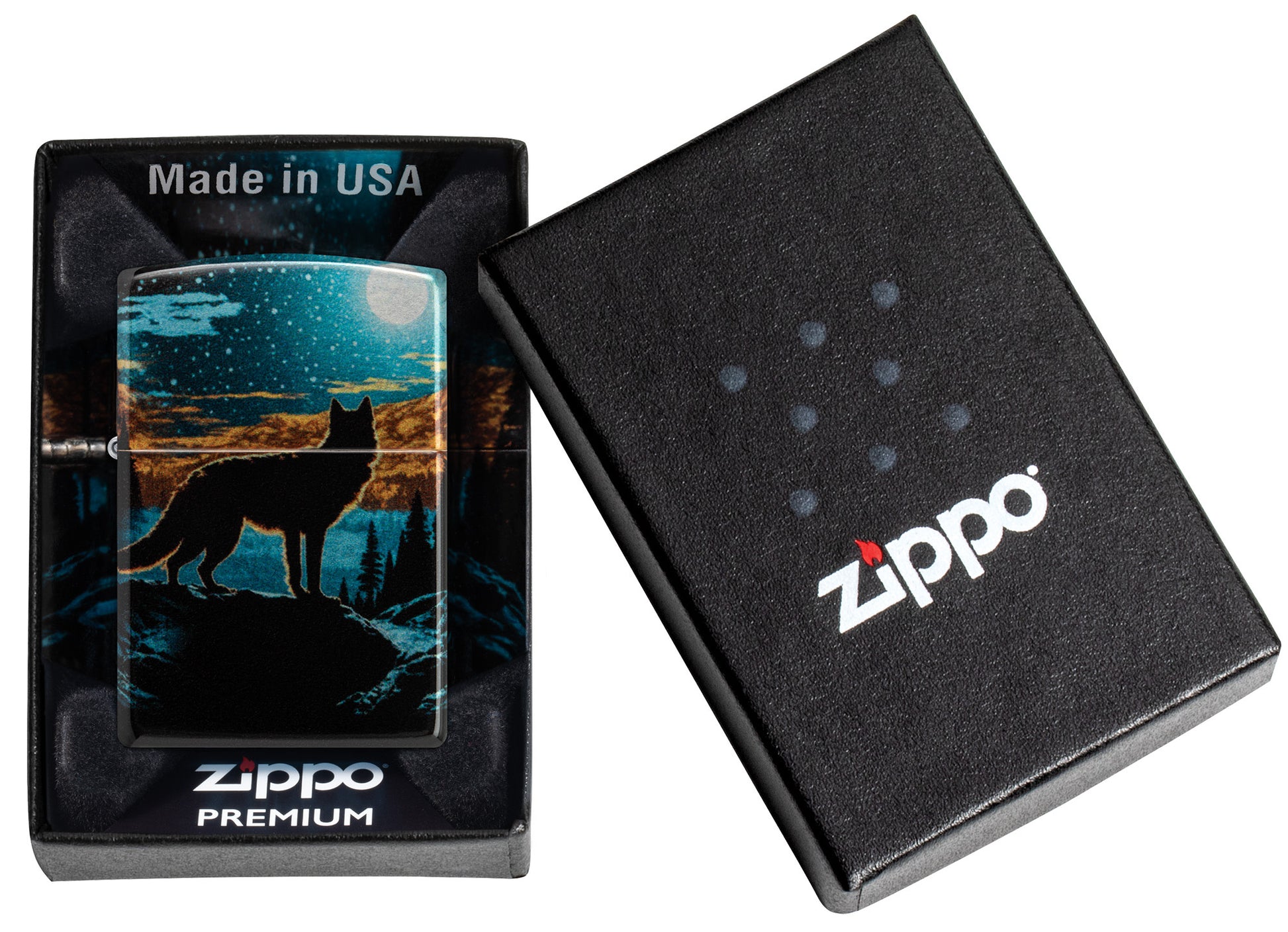 Zippo Moonlight Wolf Design 540 Tumbled Chrome Windproof Lighter in its packaging.
