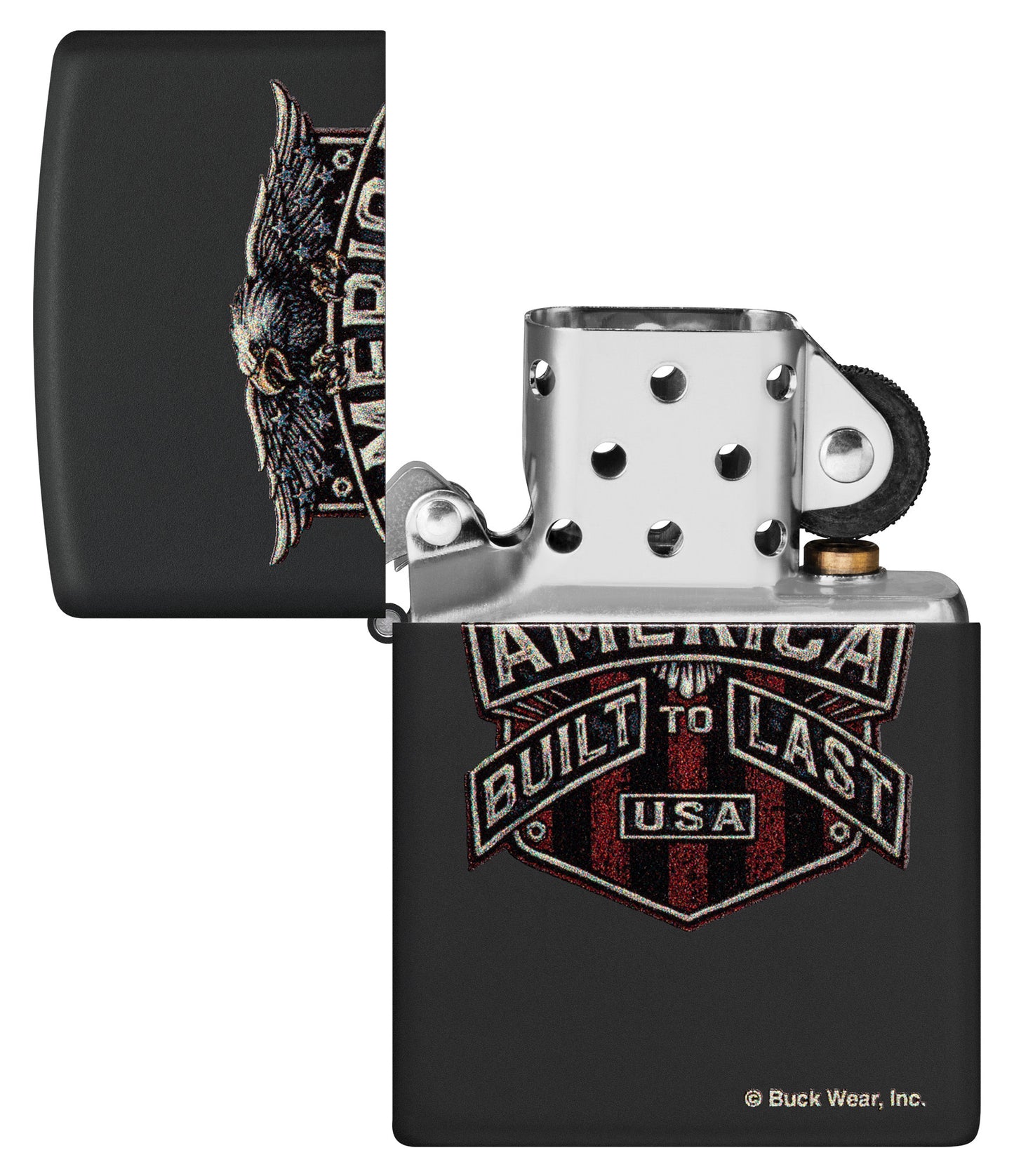 Zippo Buck Wear Eagle Design Black Matte Windproof Lighter with its lid open and unlit.
