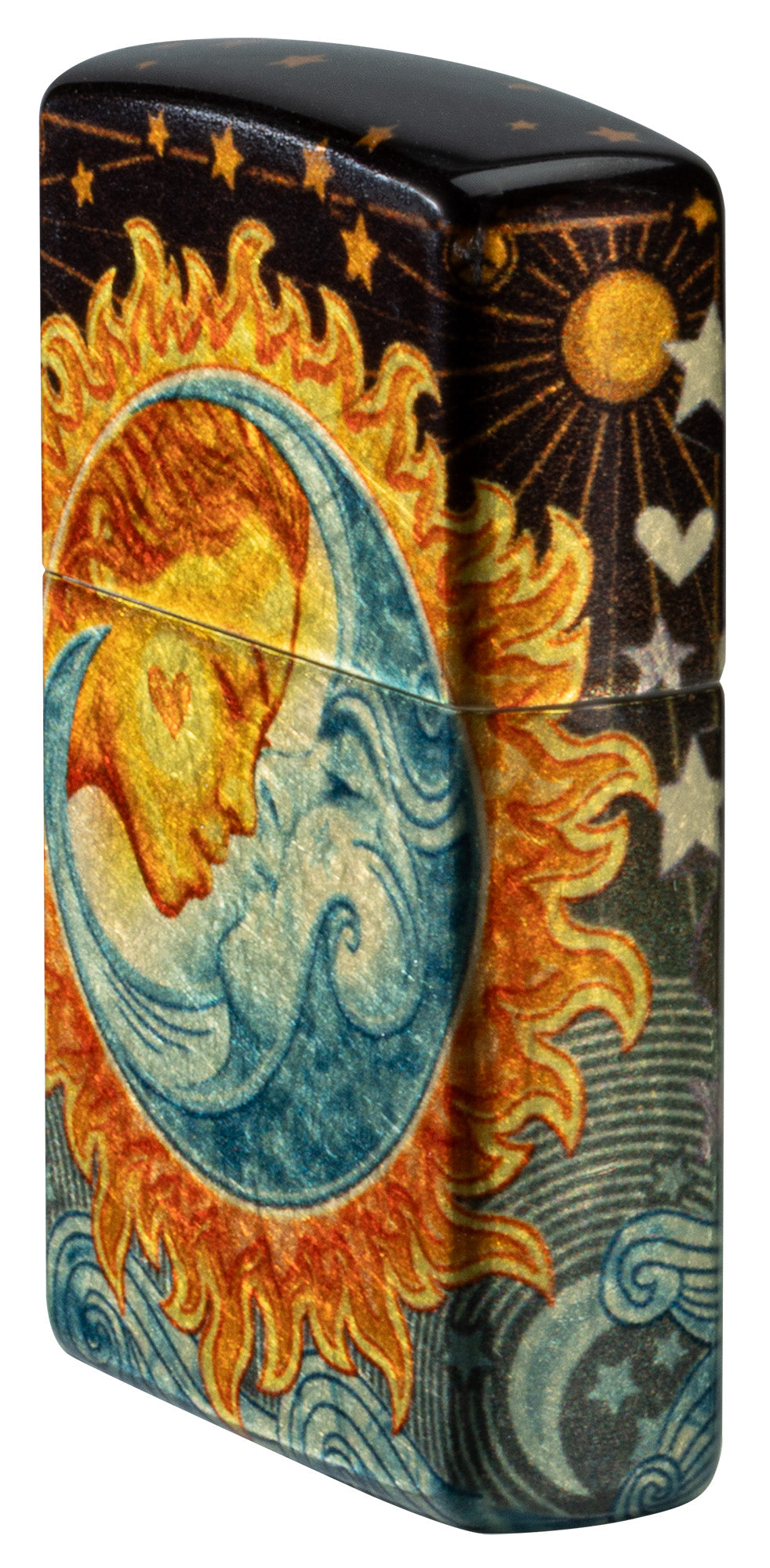 Angled shot of Zippo Star-Crossed Lovers Design 540 Tumbled Brass Windproof Lighter showing the front and right sides of the lighter.